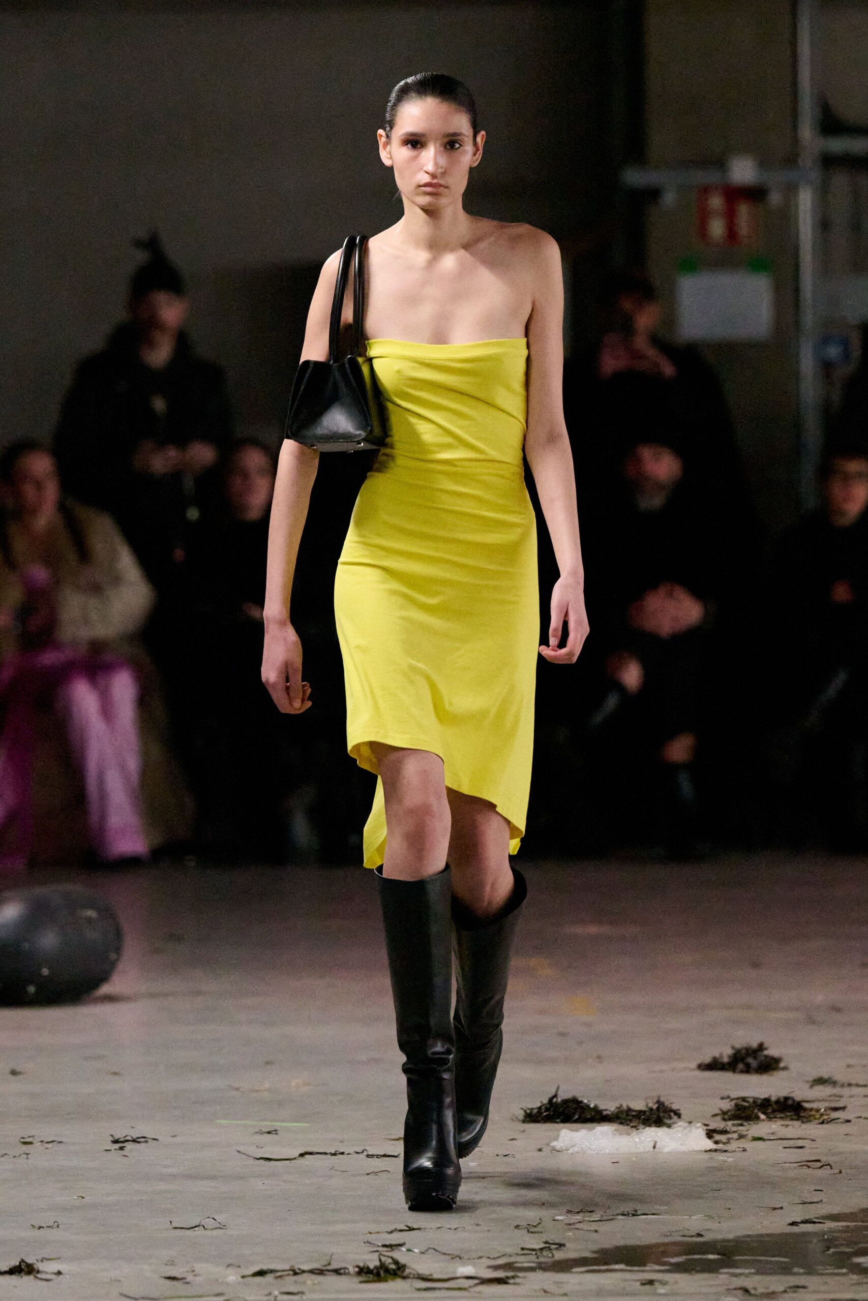 yellow strapless midi dress with black boots