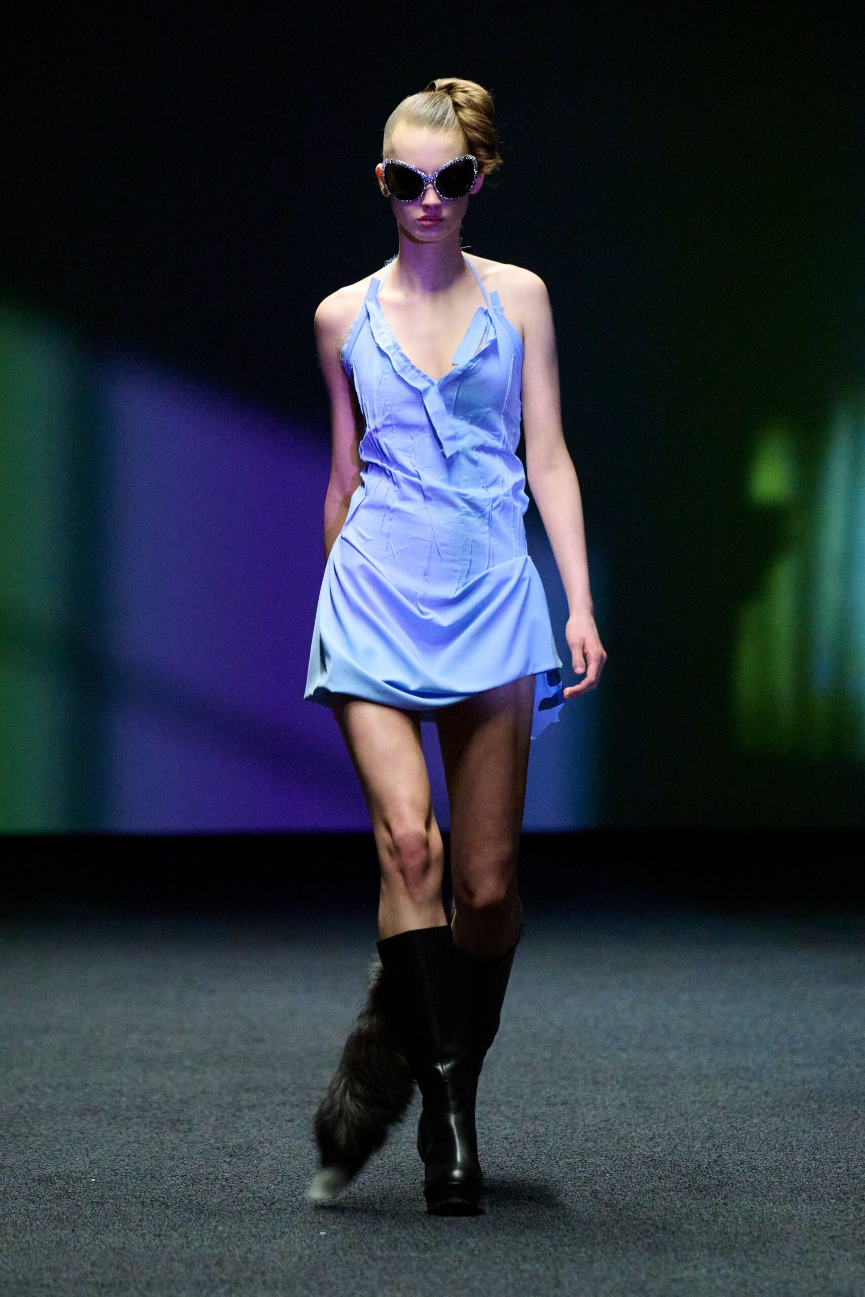 blue silk mini dress with boots