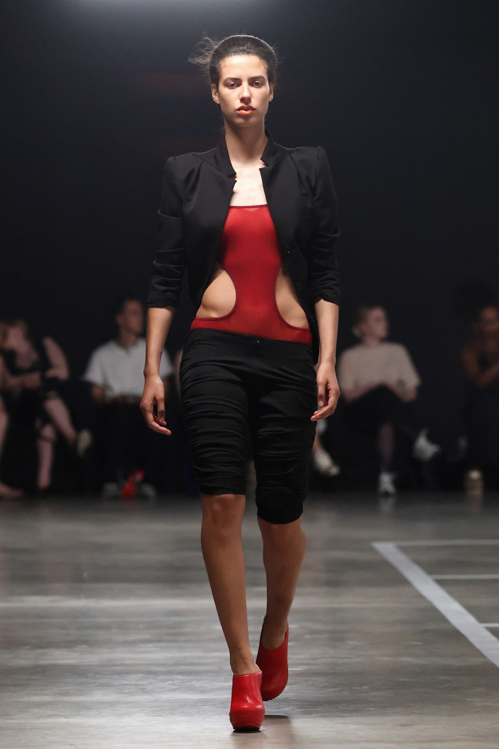black jacket red bodysuit