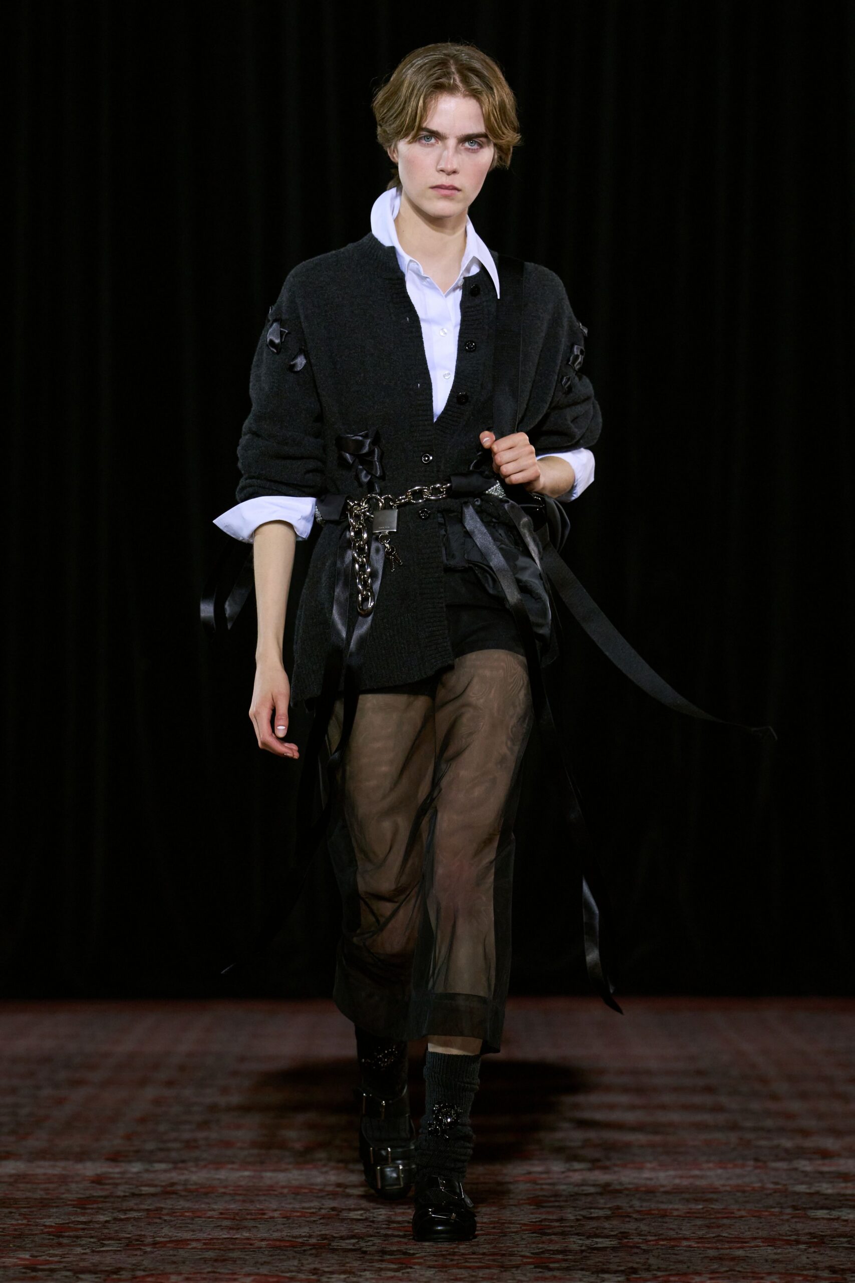 black wool long-sleeve collared relaxed buttoned layered cardigan