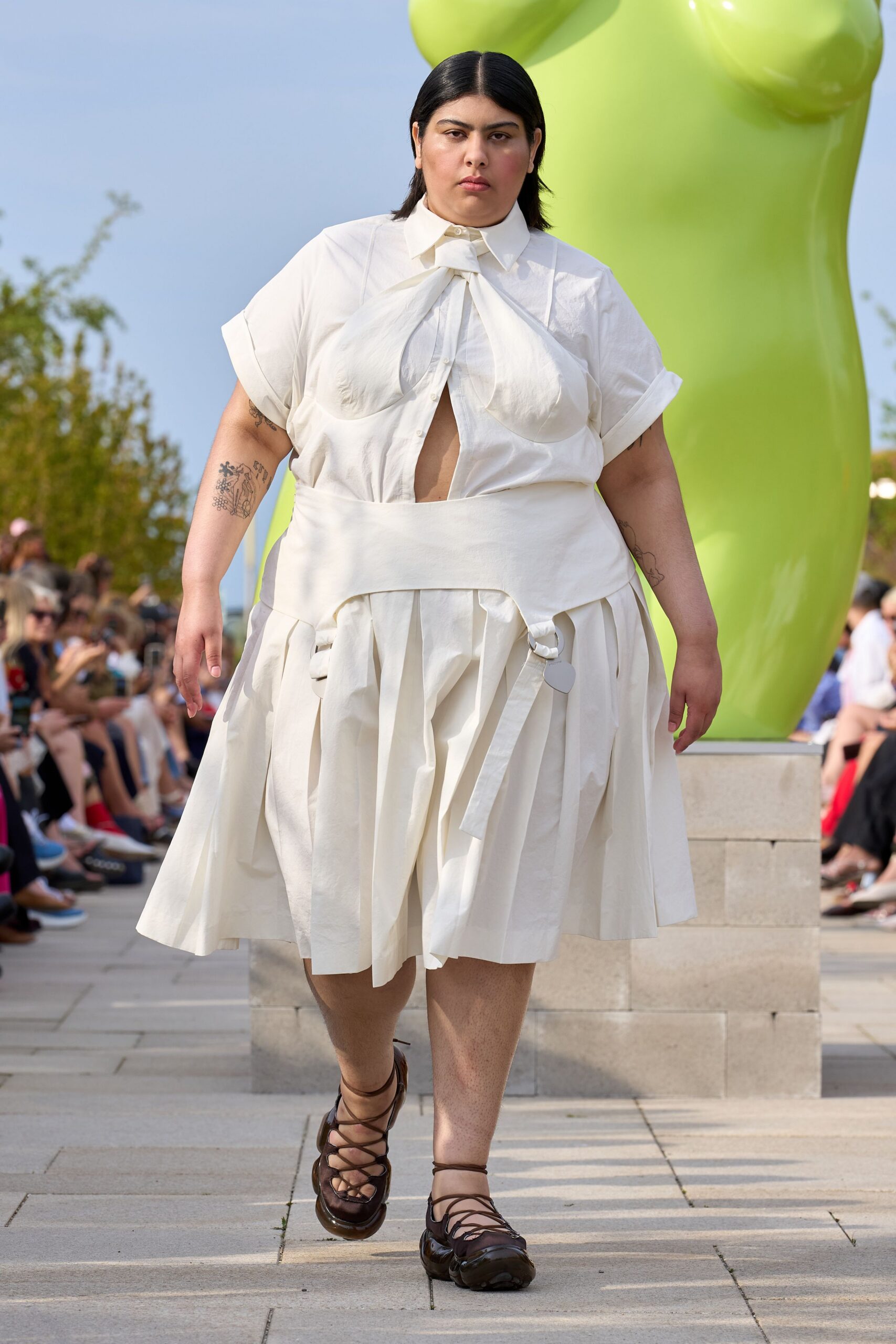 white pleated midi dress with brown shoes
