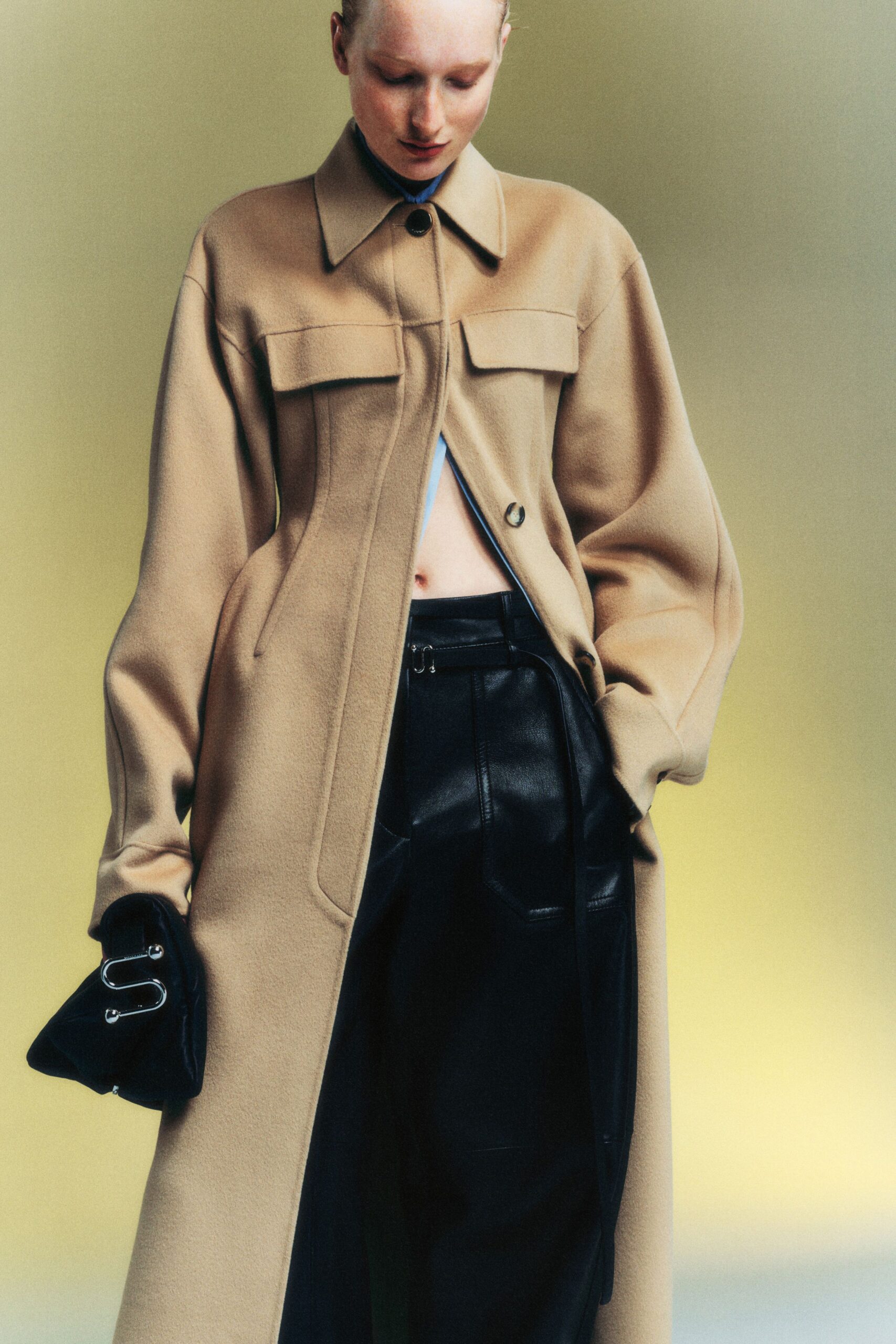 beige wool long-sleeve collared relaxed buttoned pockets coat