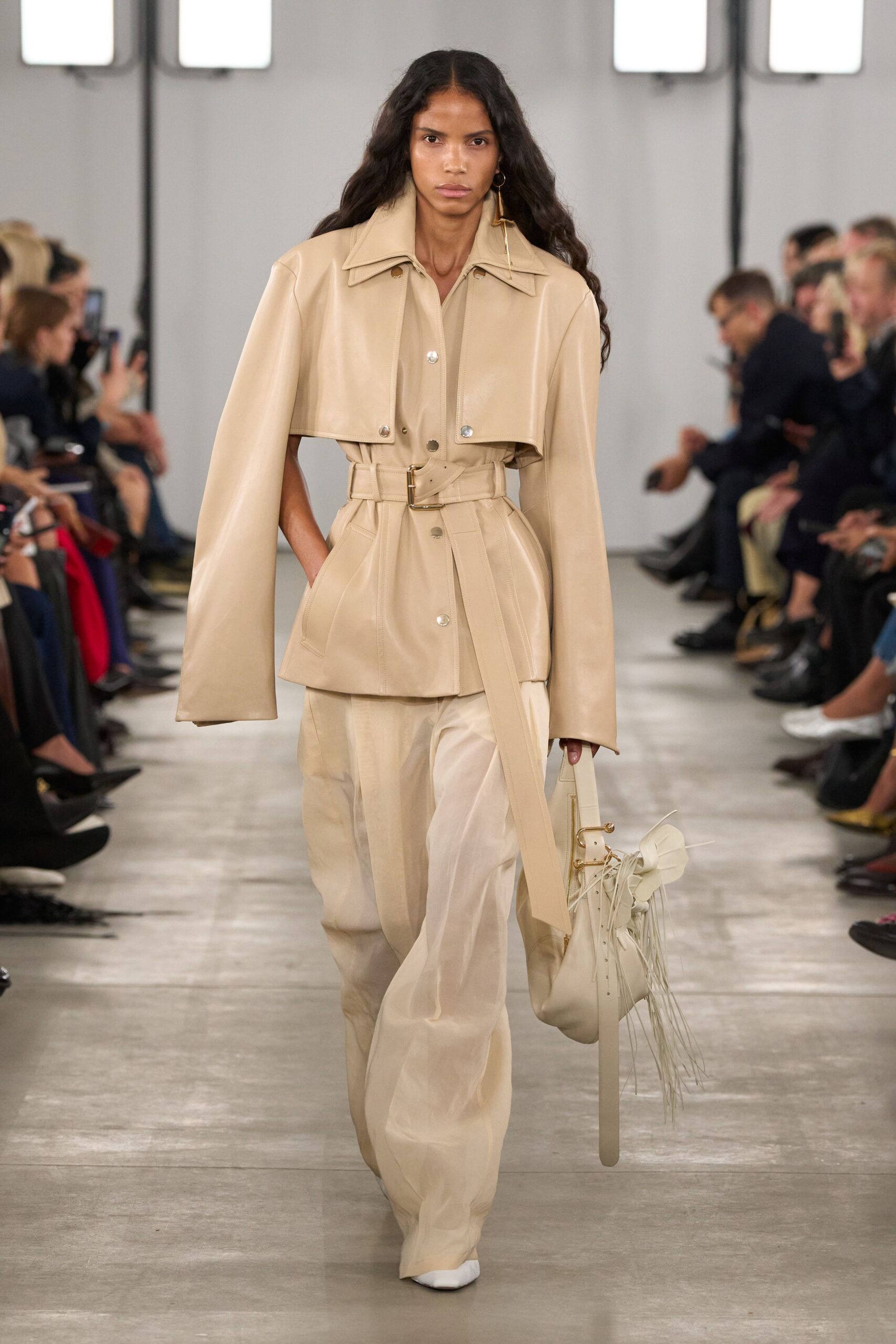 beige leather long-sleeve collared structured zippered belted jacket
