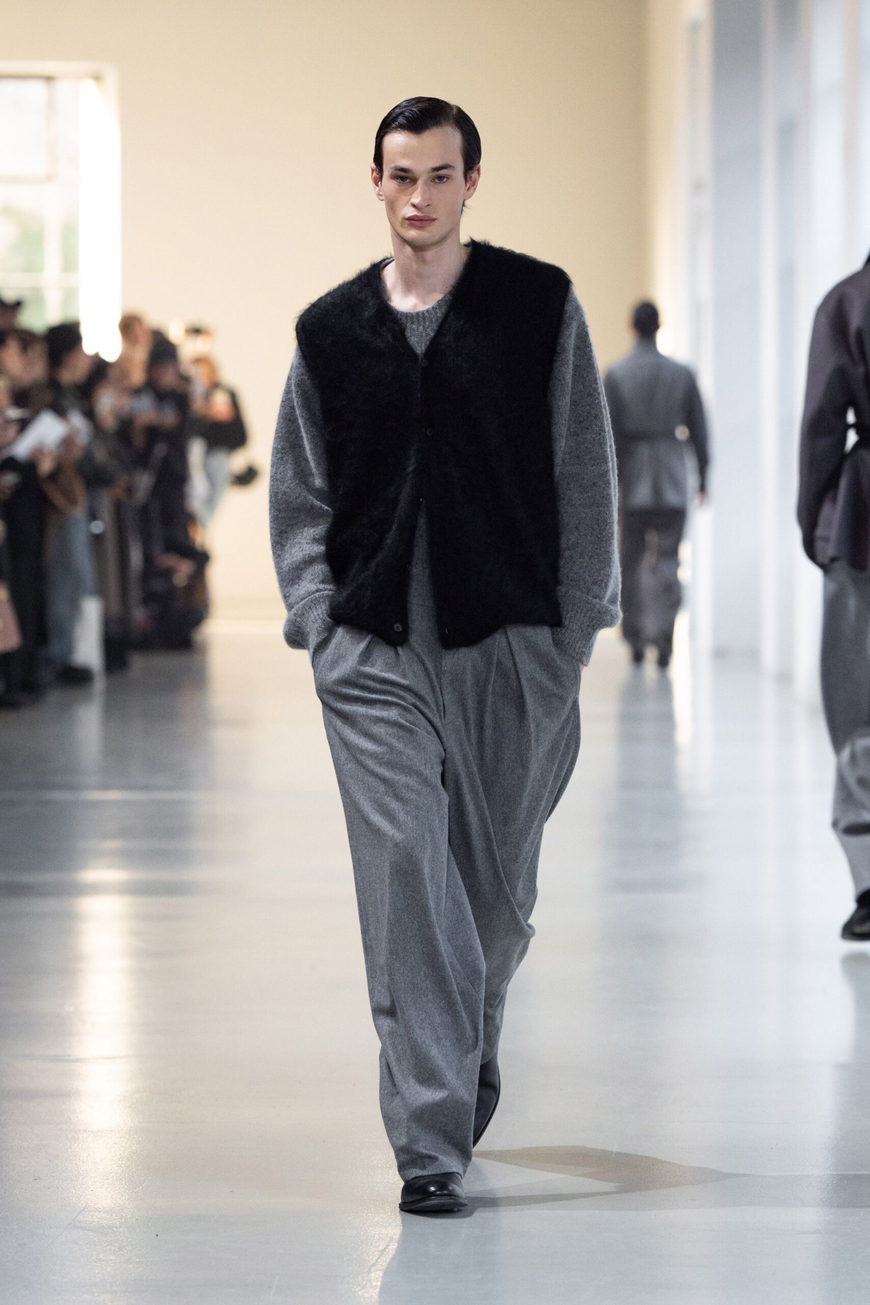 gray wool relaxed high-waisted pleated pants