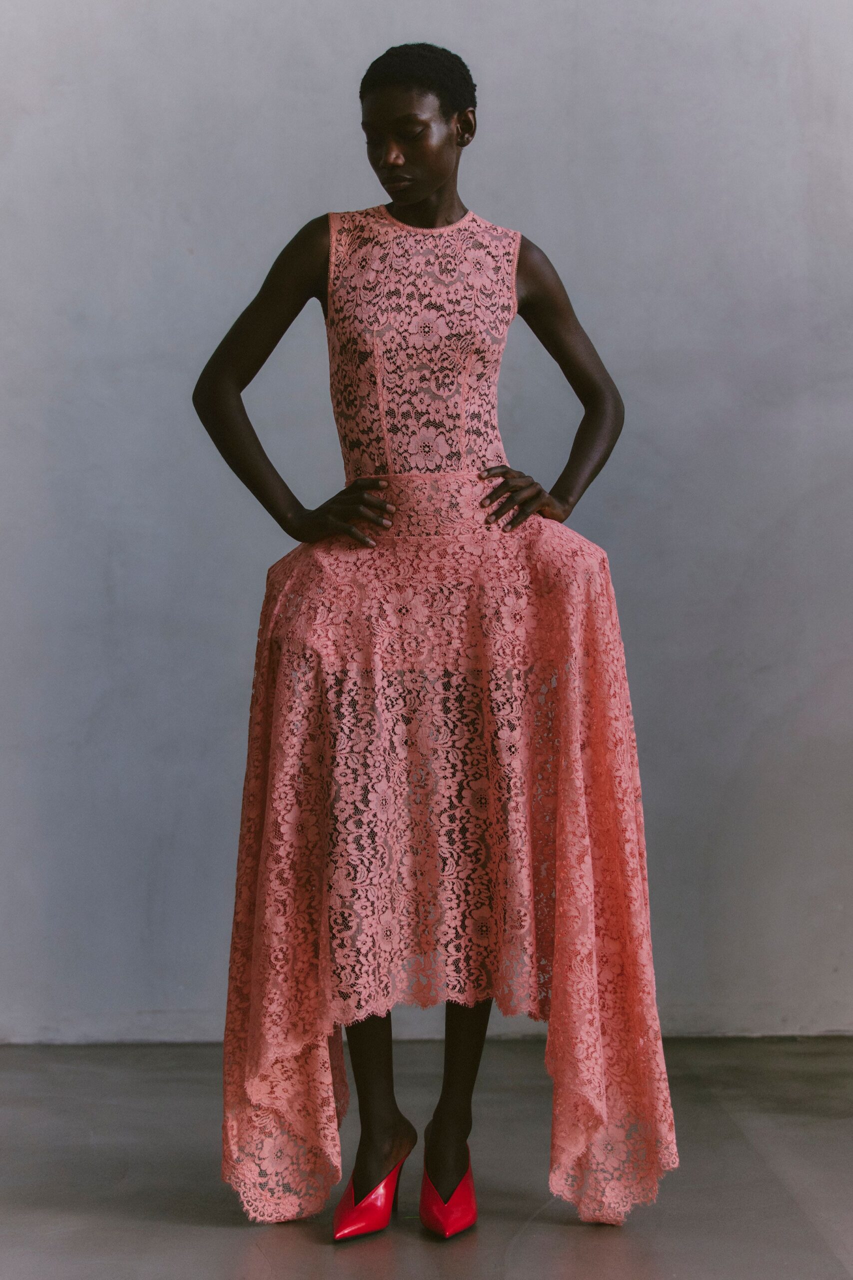 pink lace sleeveless high-neck fitted tiered flared dress