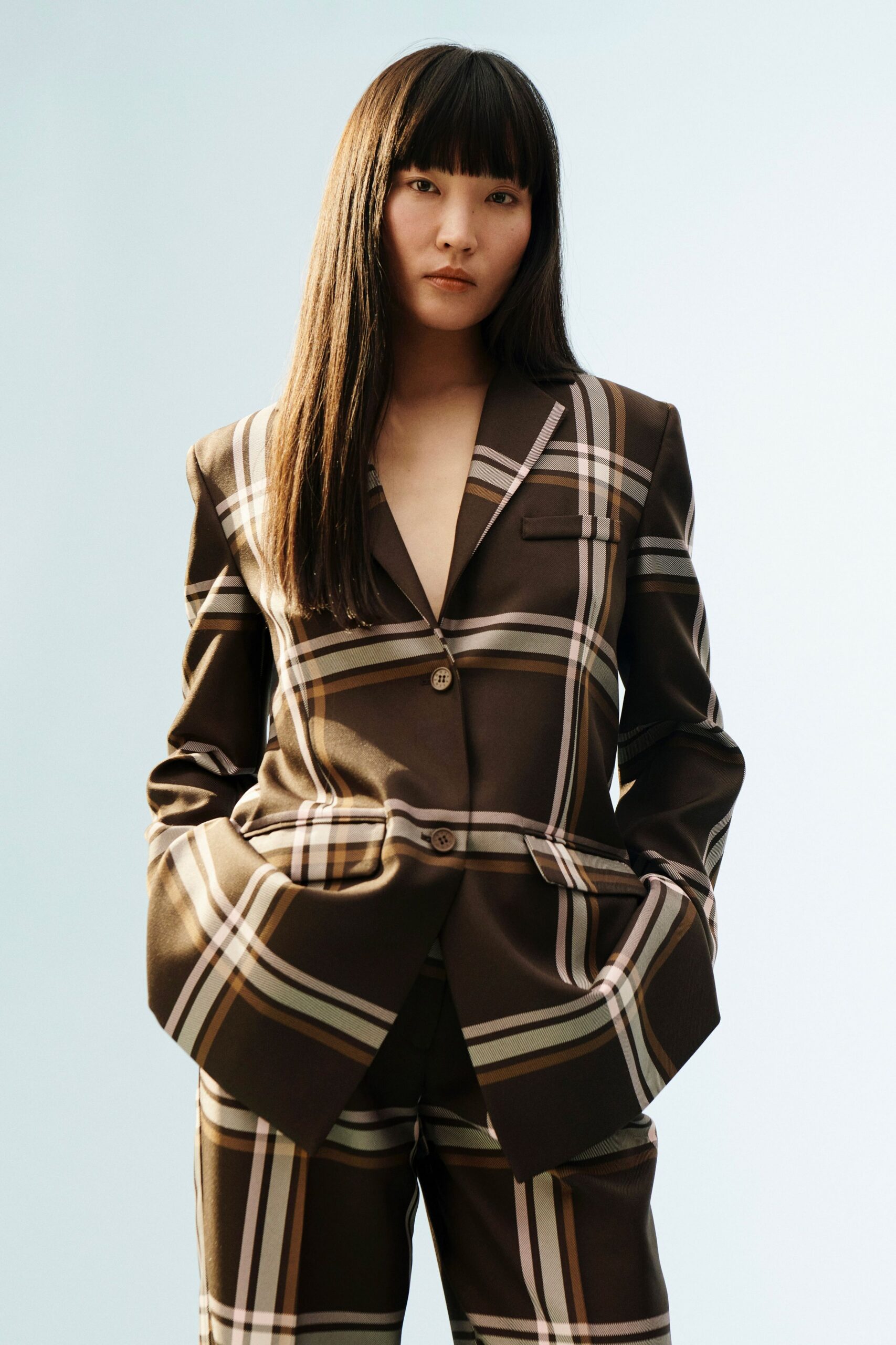 brown checked tailored suit