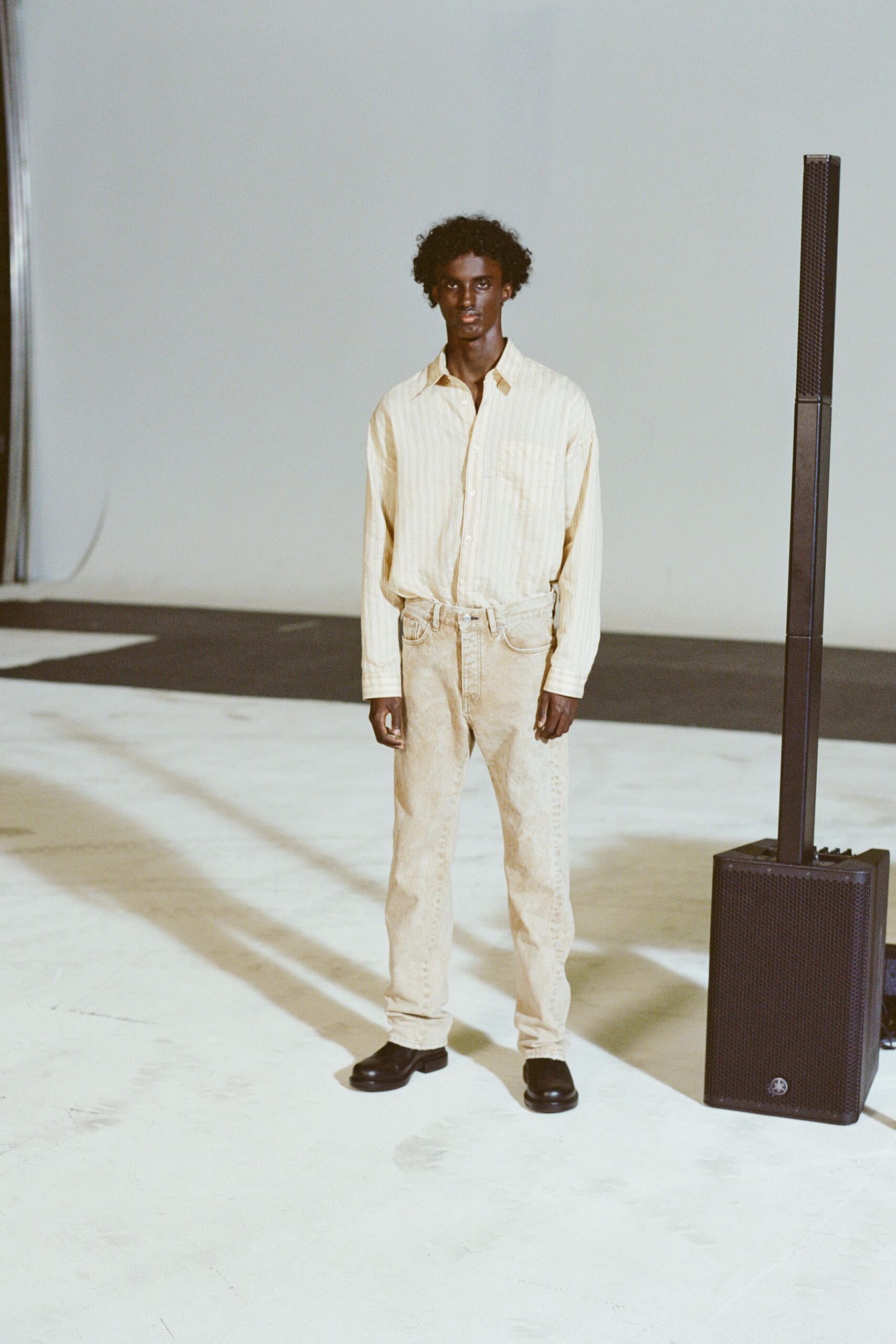 beige denim slim straight-leg pants