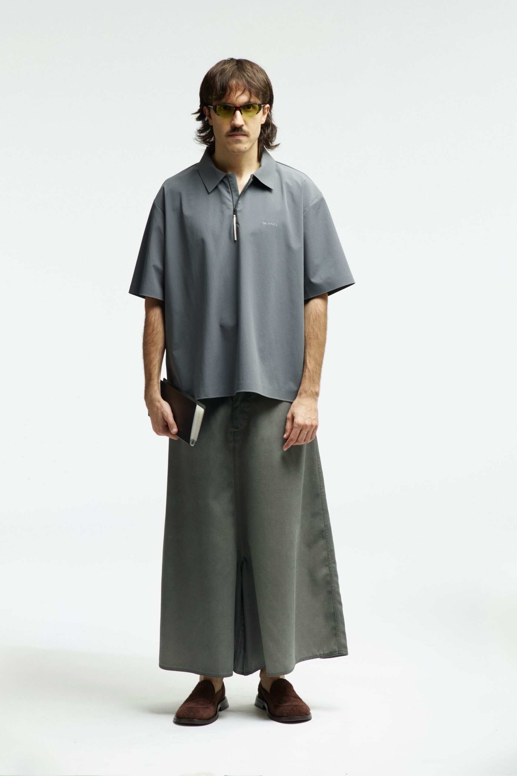 gray relaxed shirt and skirt