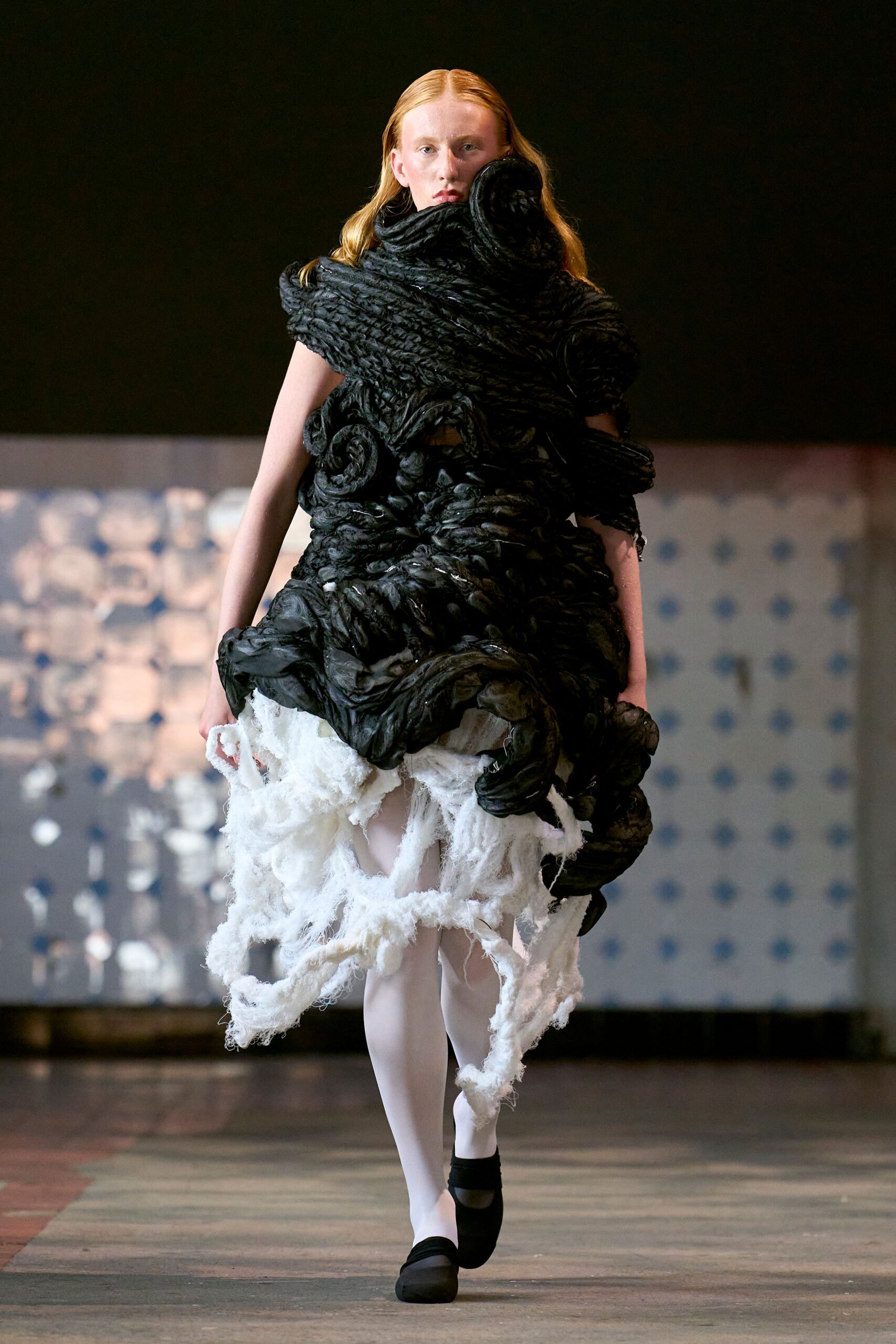 black and white ruffled midi dress