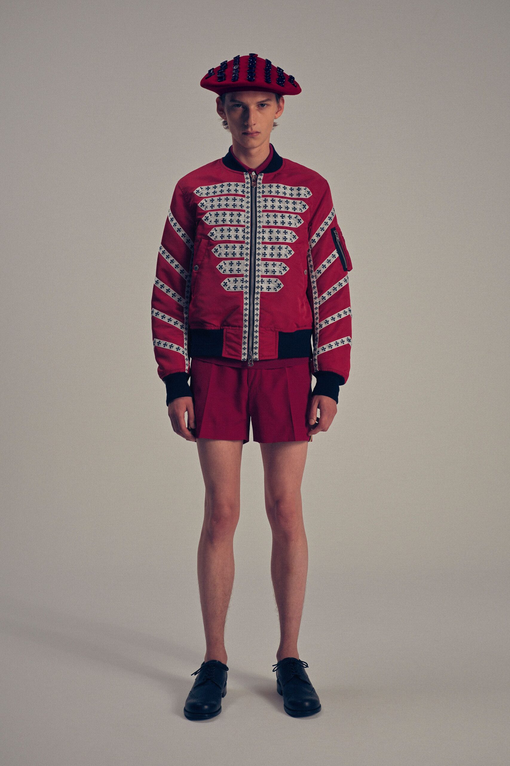 red cotton long-sleeve collared fitted embroidered jacket