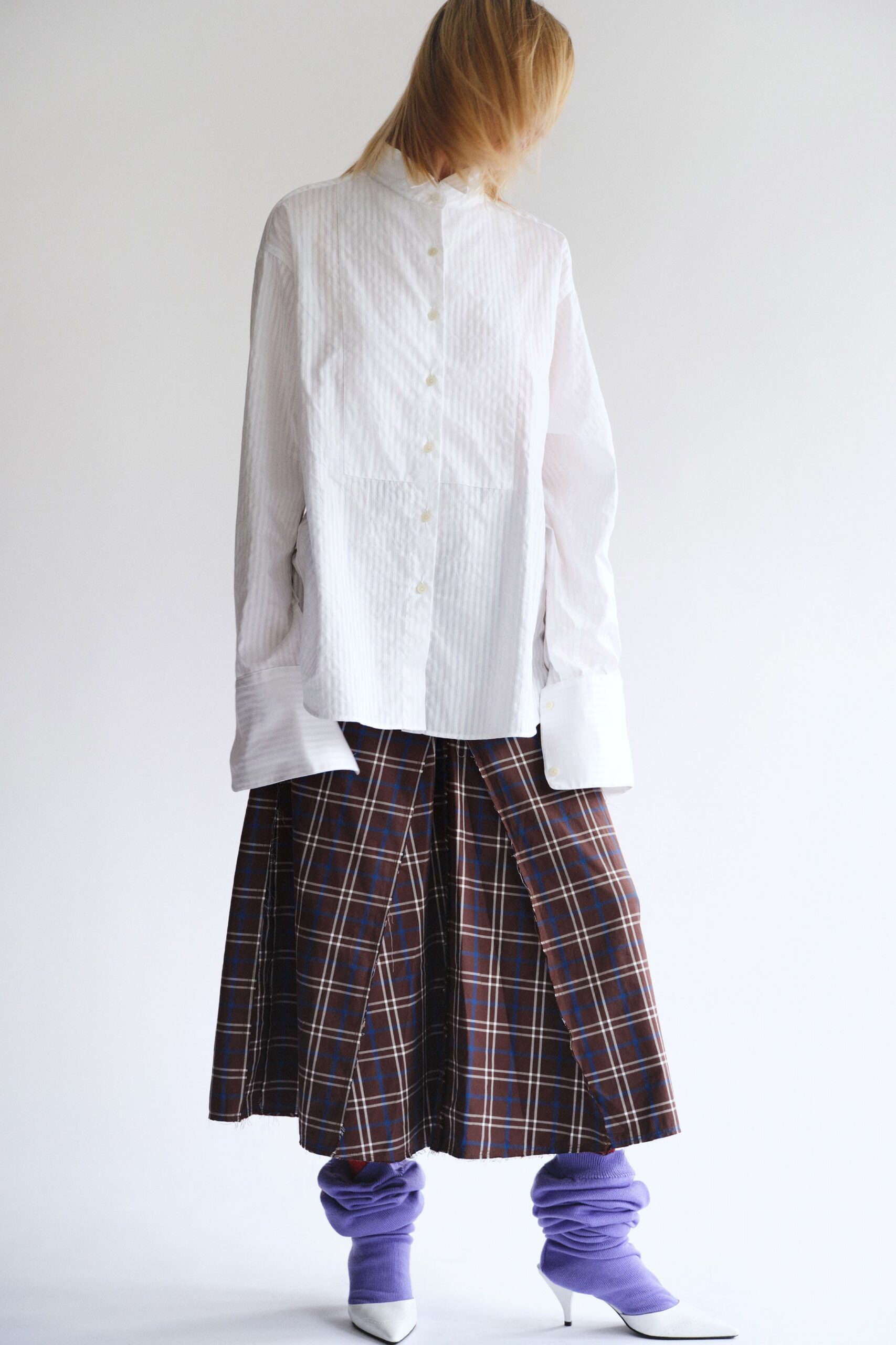 white relaxed shirt with midi skirt