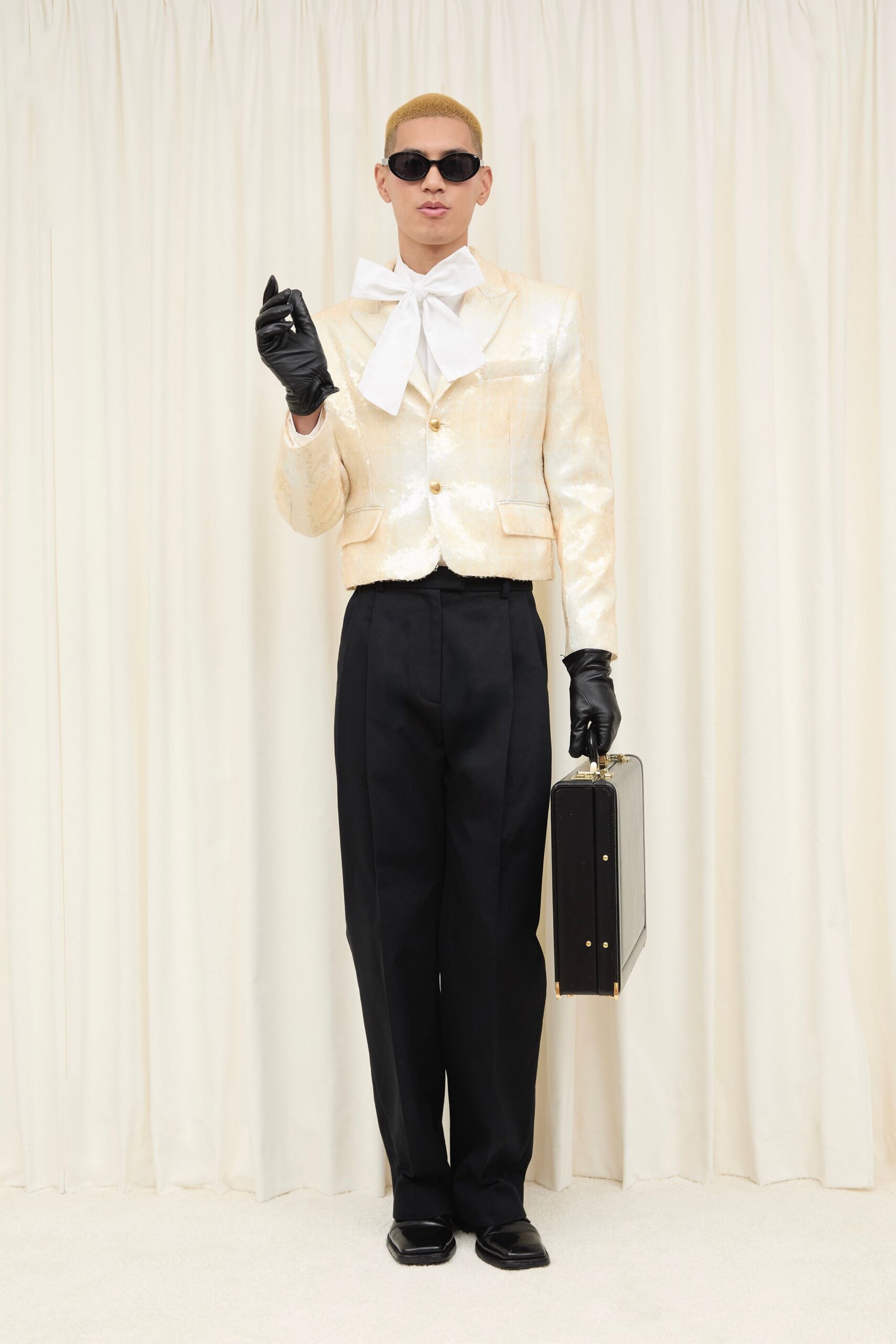 gold silk long-sleeve collared tailored buttoned shiny blazer