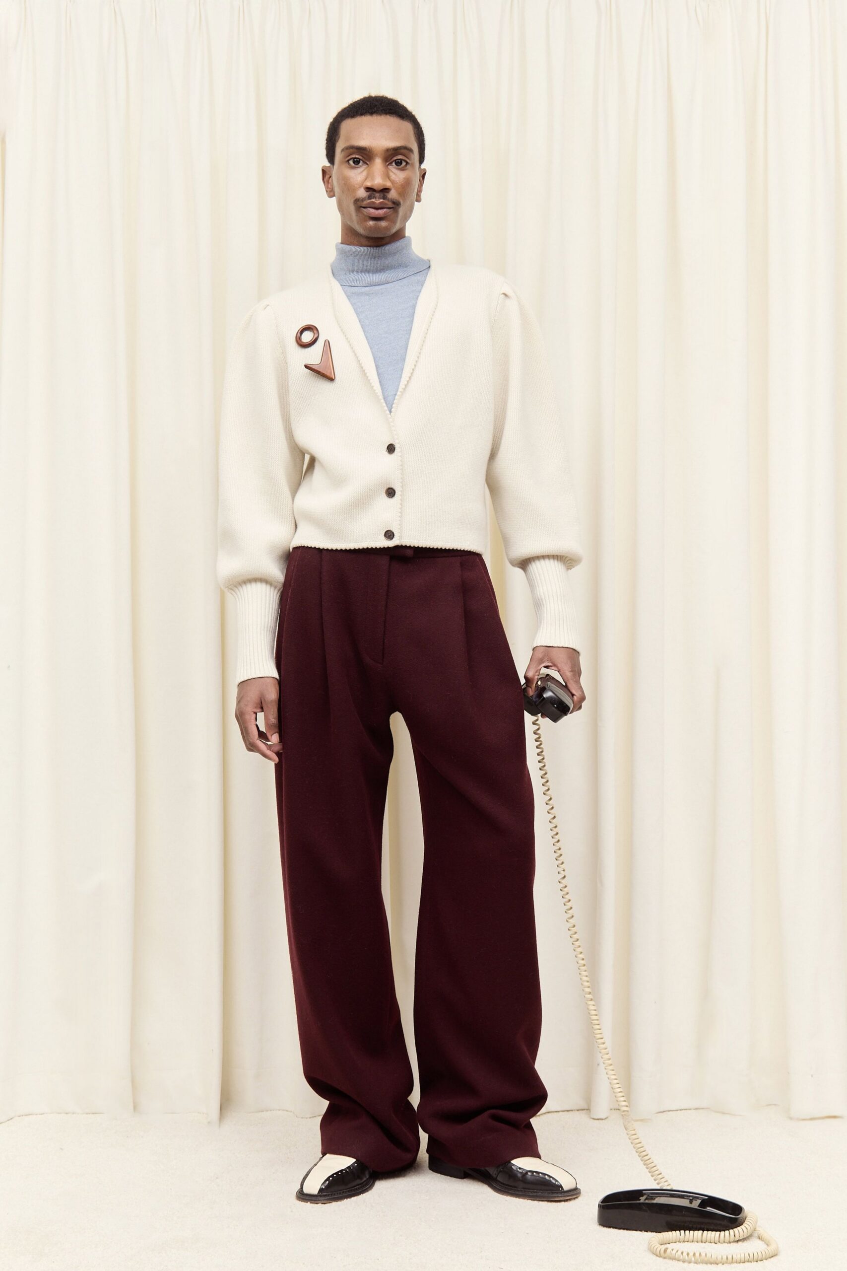 white wool long-sleeve collared relaxed cardigan