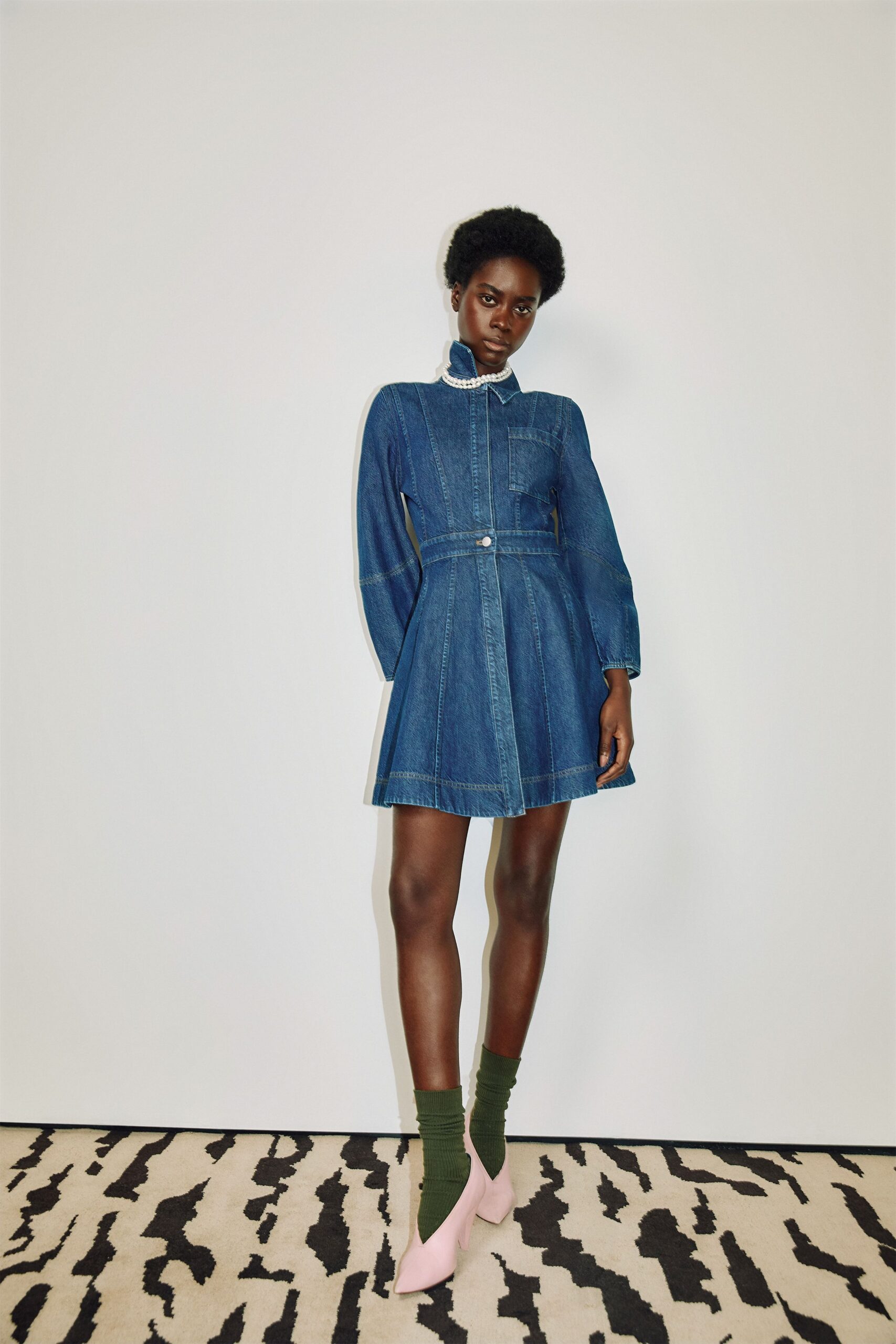 blue denim long-sleeve collared fitted buttoned pleated dress