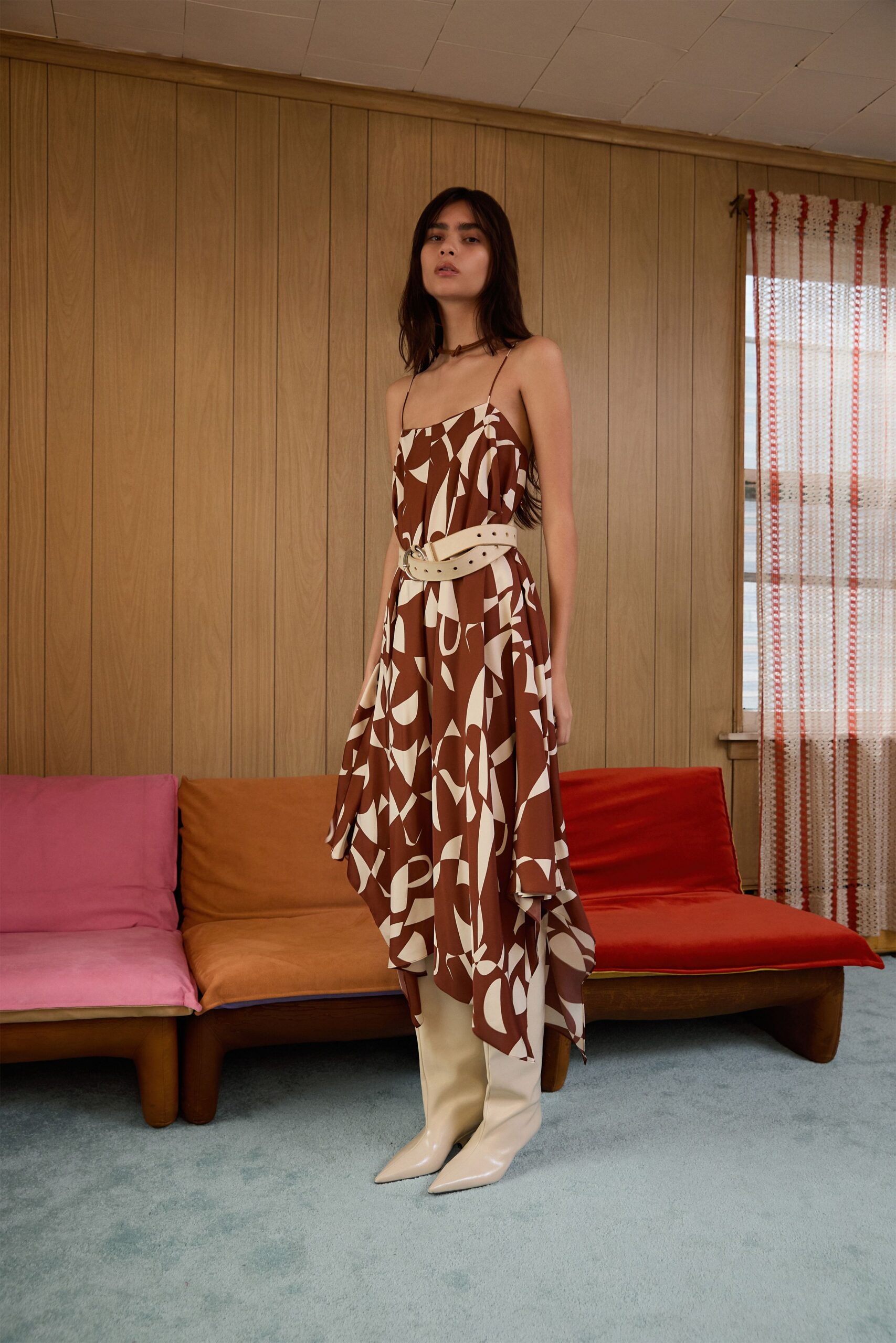 brown silk sleeveless v-neck fitted flared midi dress