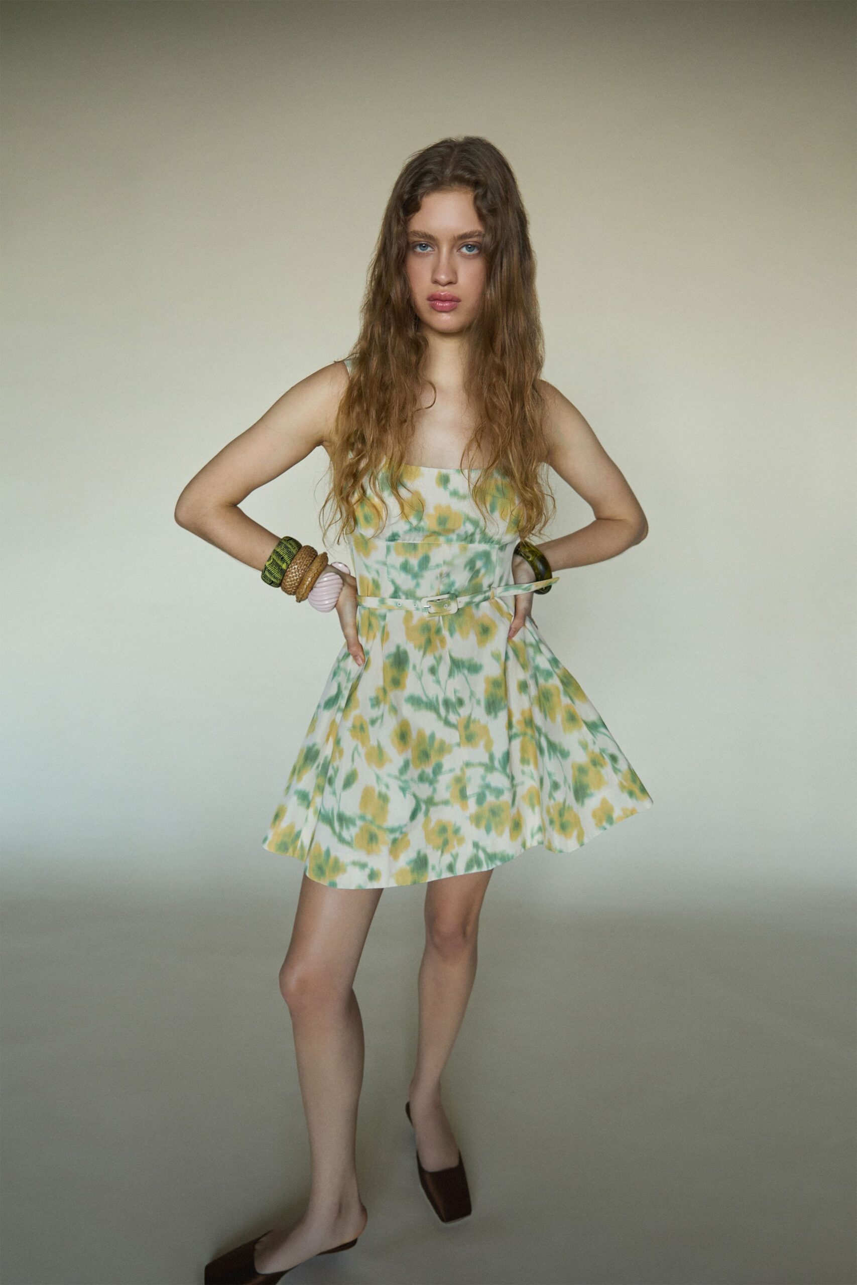 yellow cotton sleeveless square-neck fitted pleated flared dress
