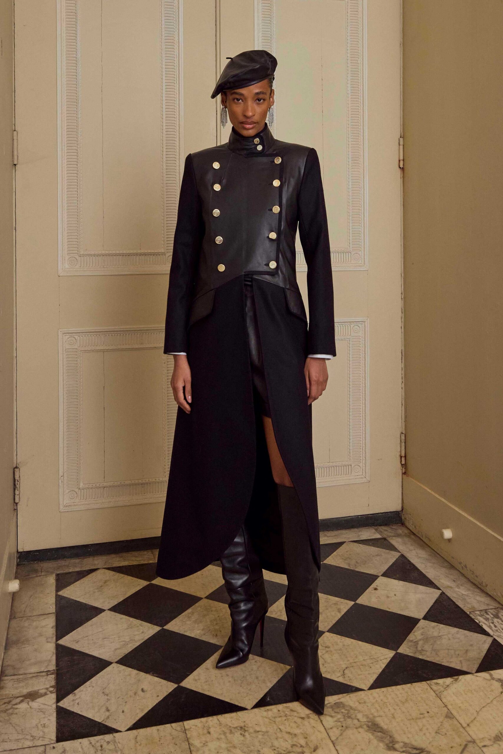 black leather long-sleeve collared fitted buttoned midi coat