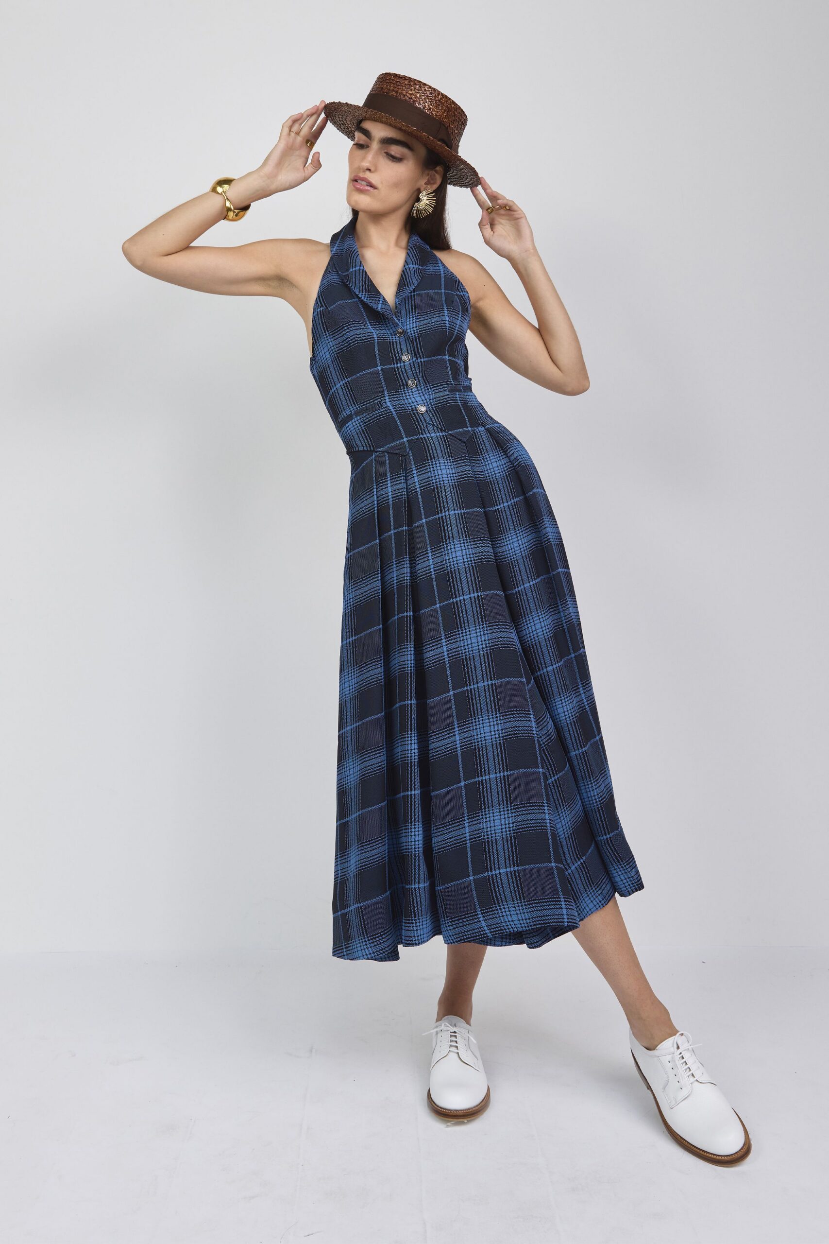 blue cotton sleeveless v-neck fitted checked pleated dress