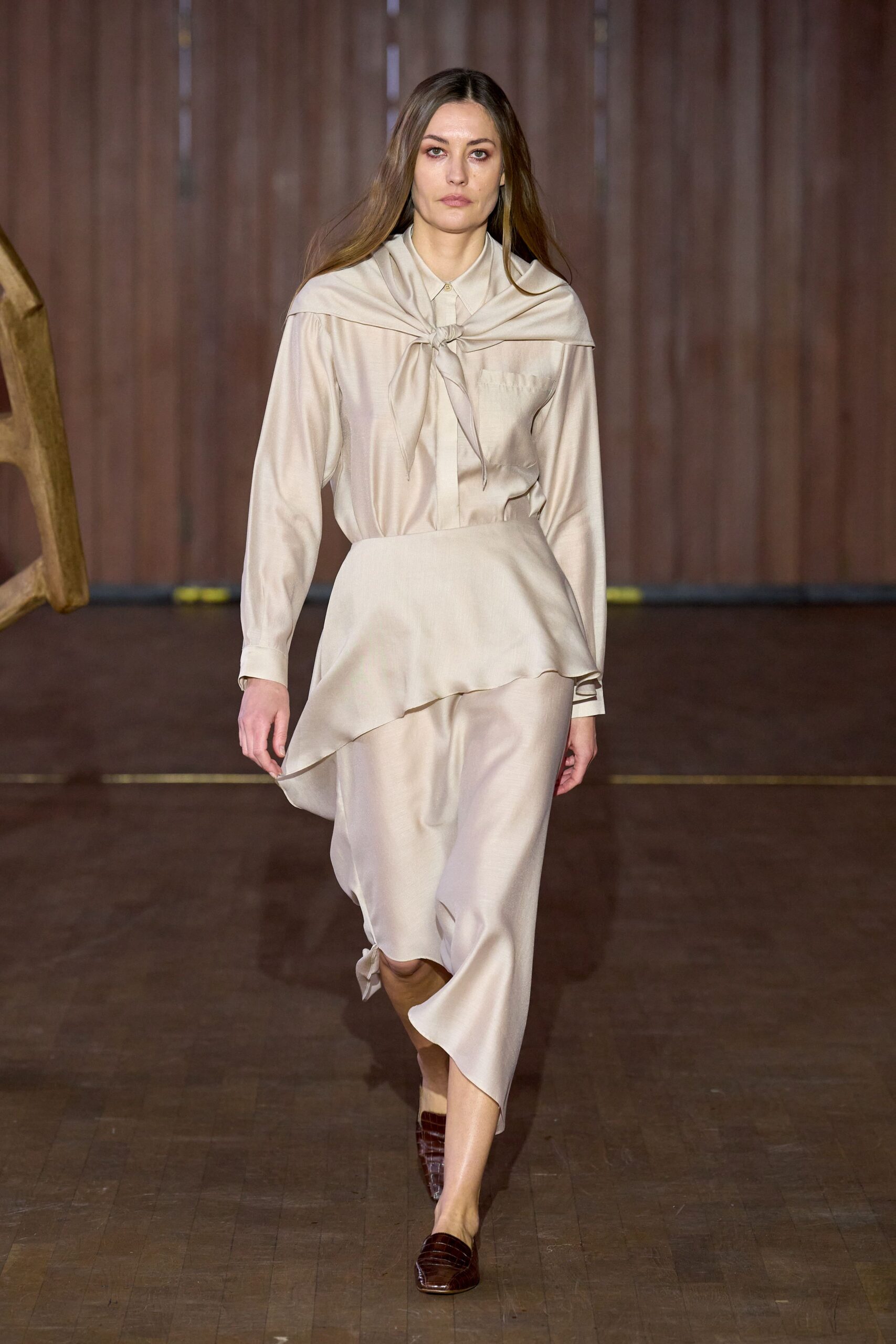 beige silk midi dress with collar