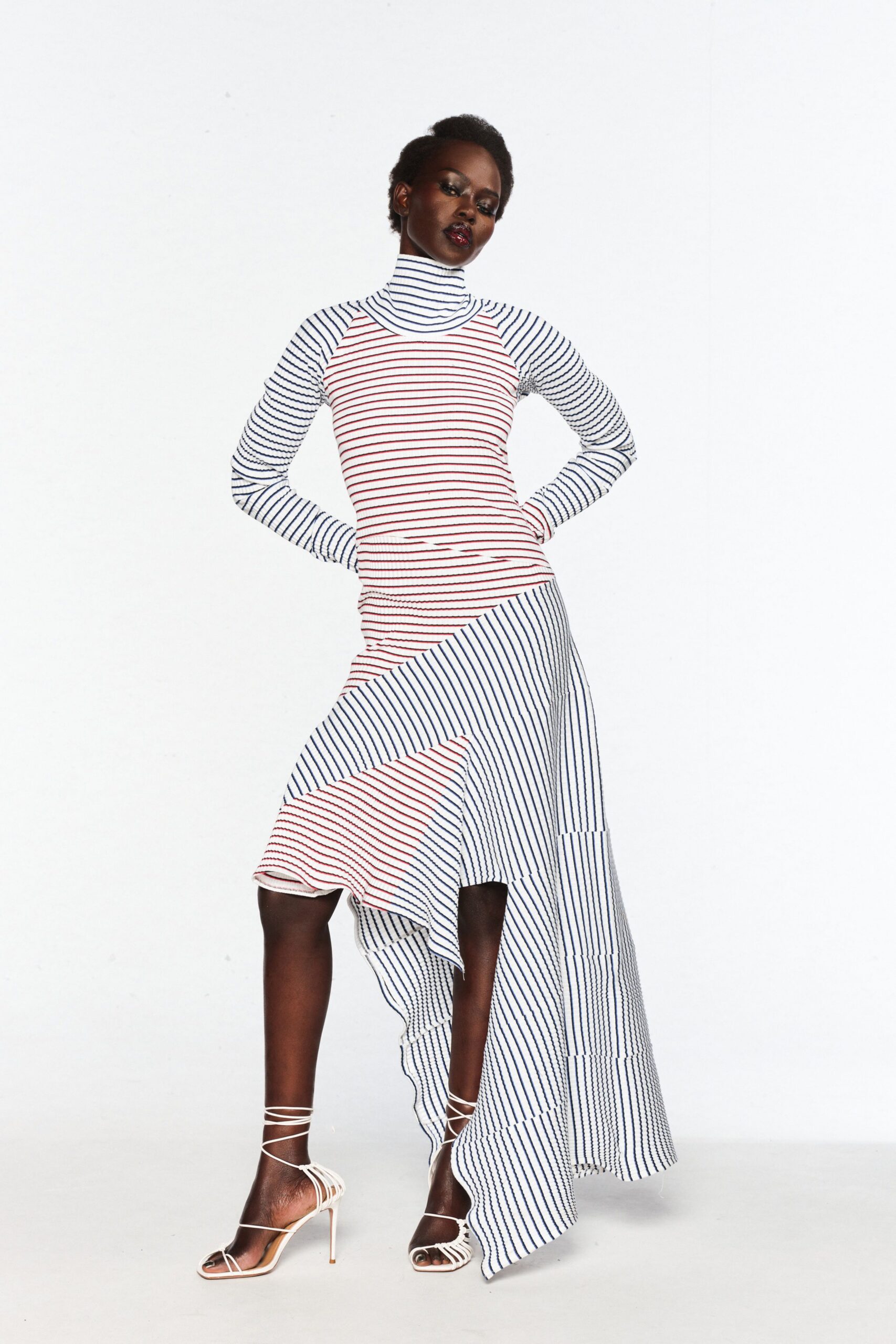 white cotton long-sleeve turtleneck fitted striped draped dress