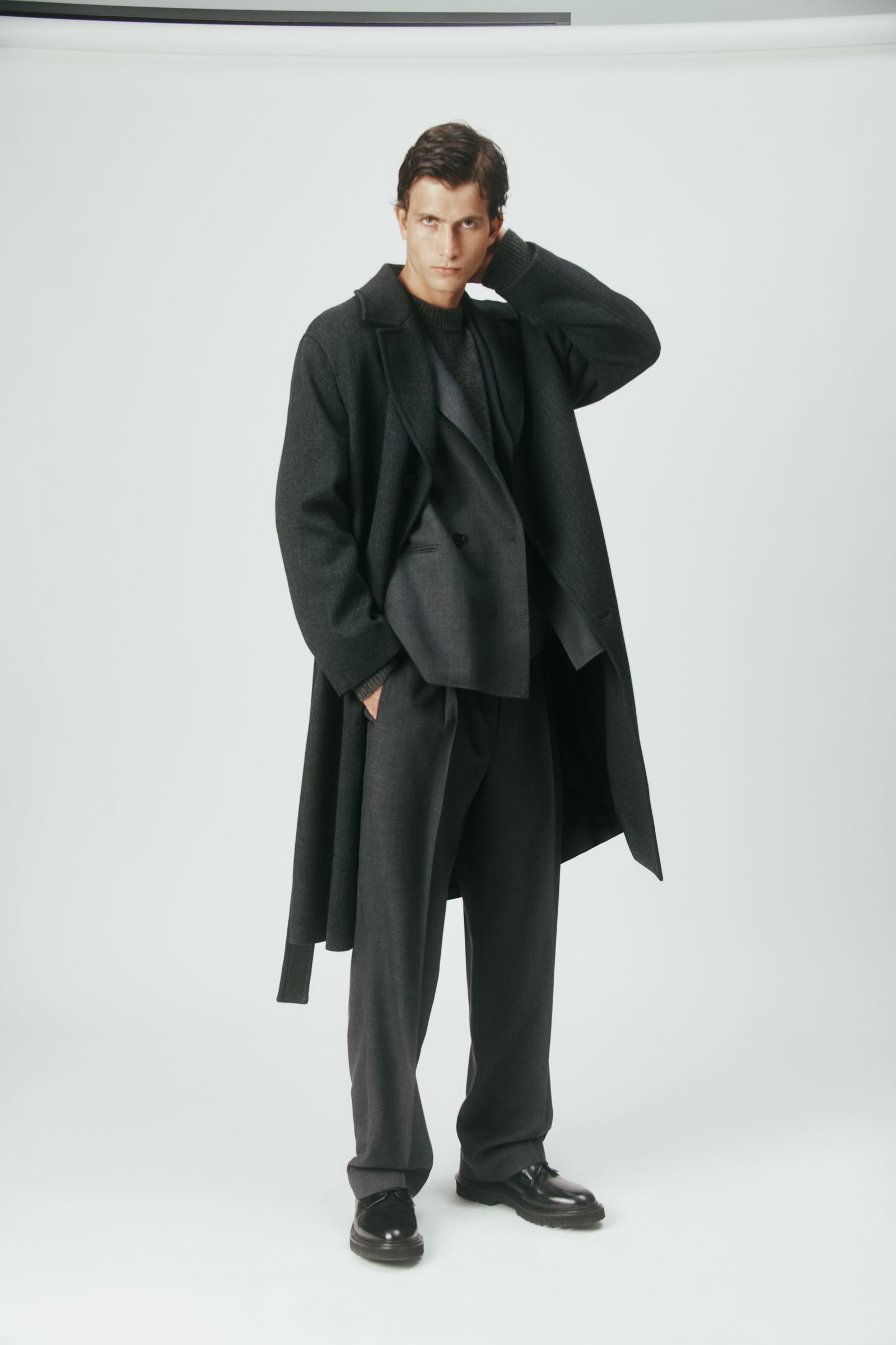 black wool coat gray blazer