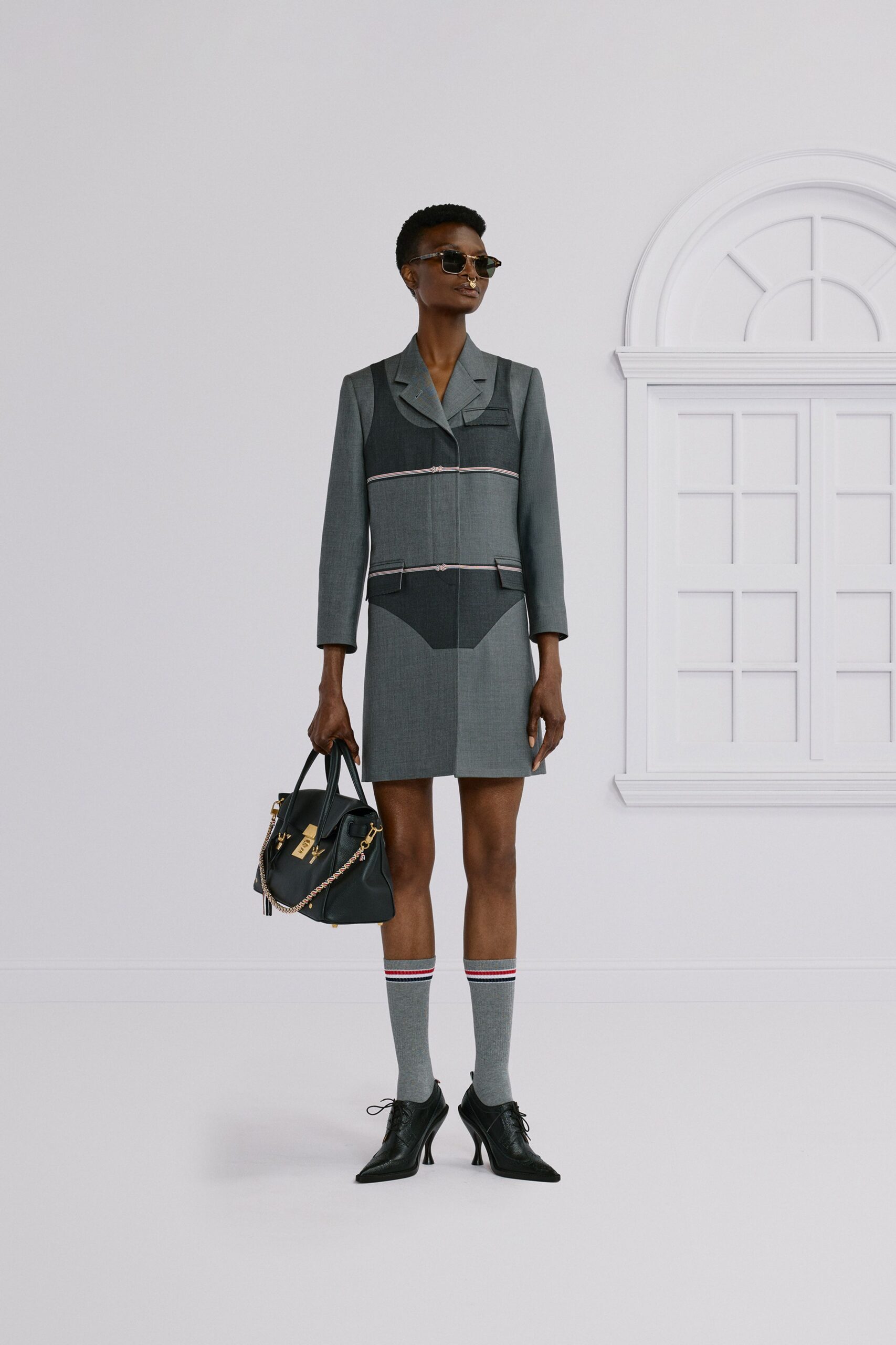 gray tailored blazer and skirt