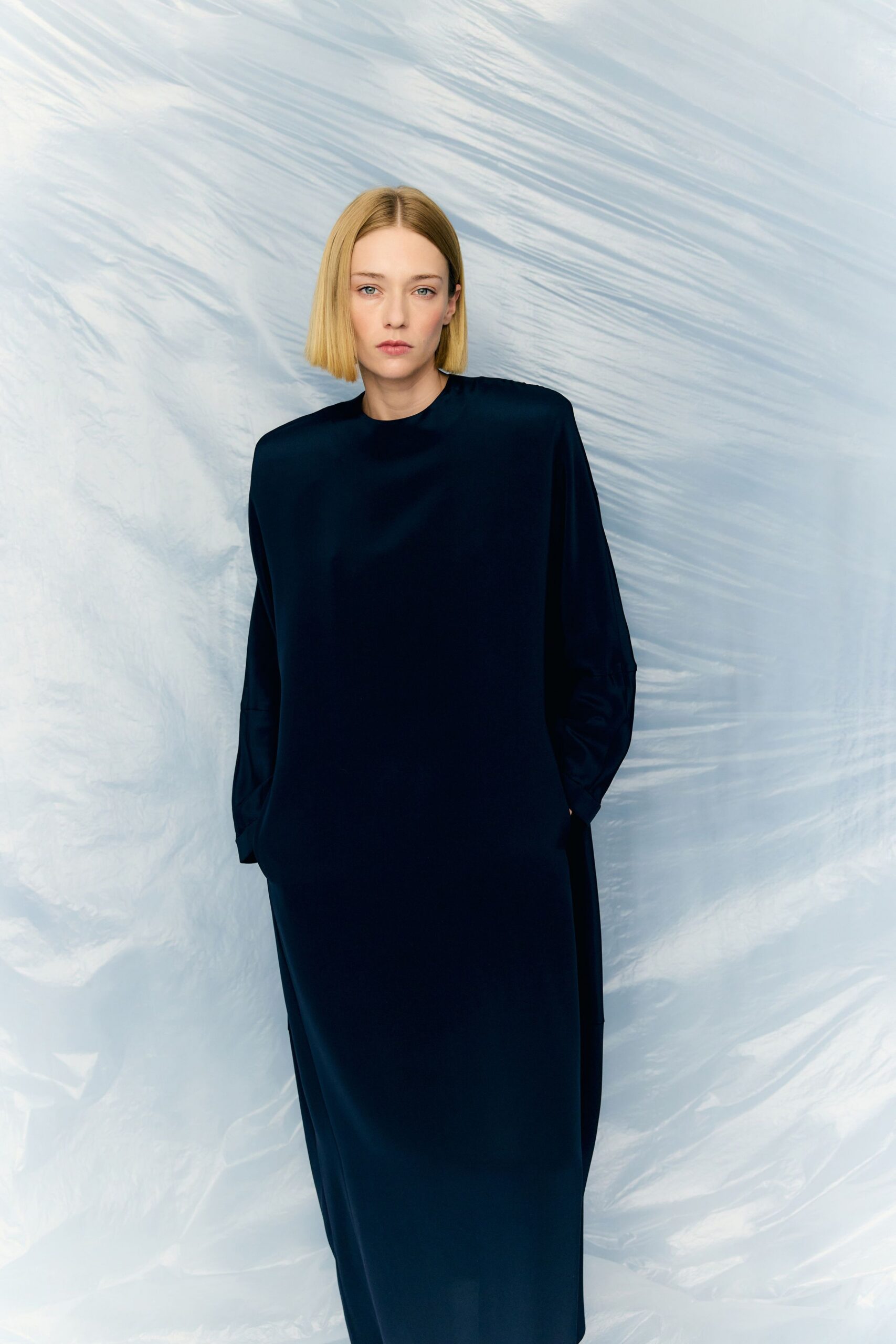 blue silk relaxed midi dress