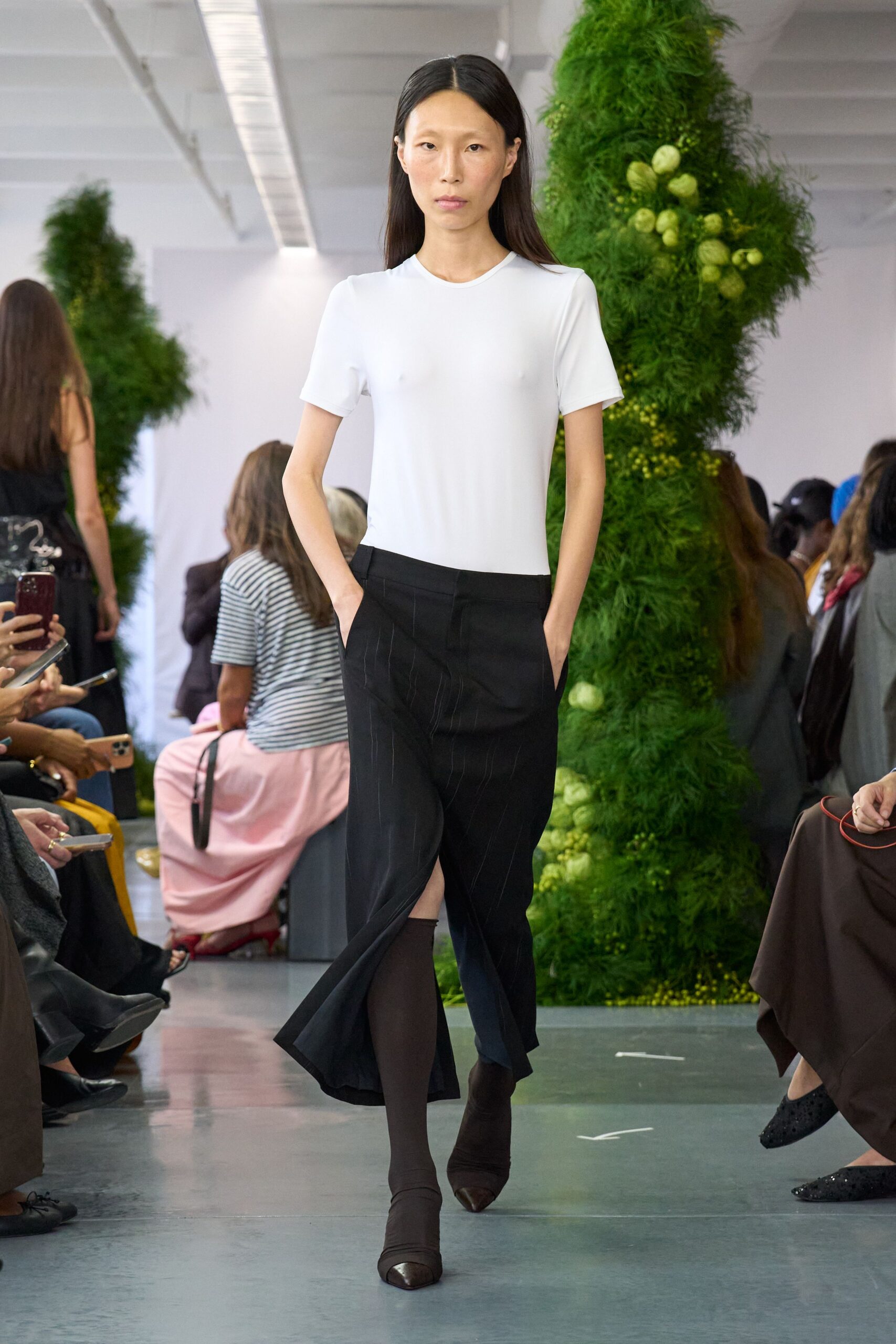 white fitted top black skirt