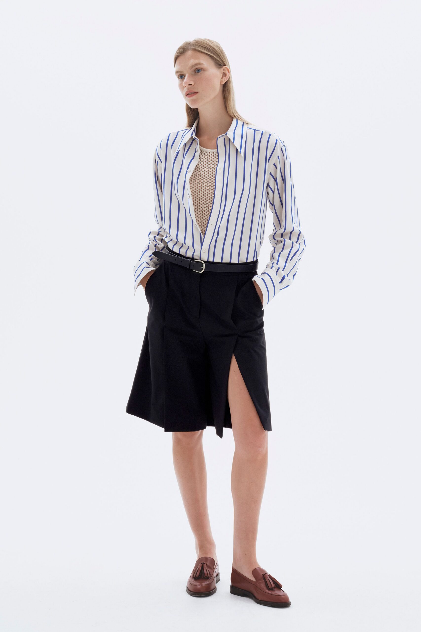 striped shirt black skirt