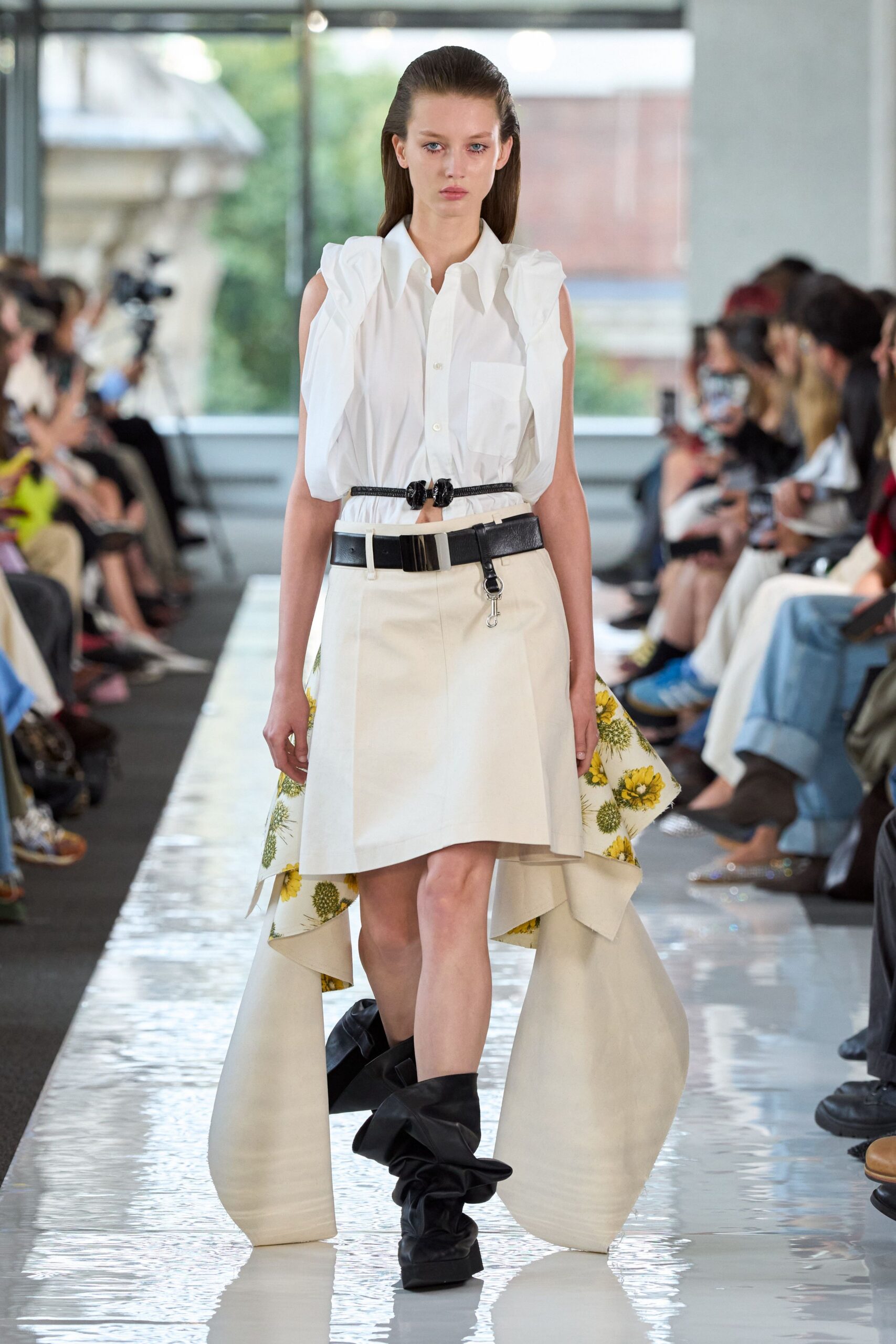 white shirt beige asymmetric skirt