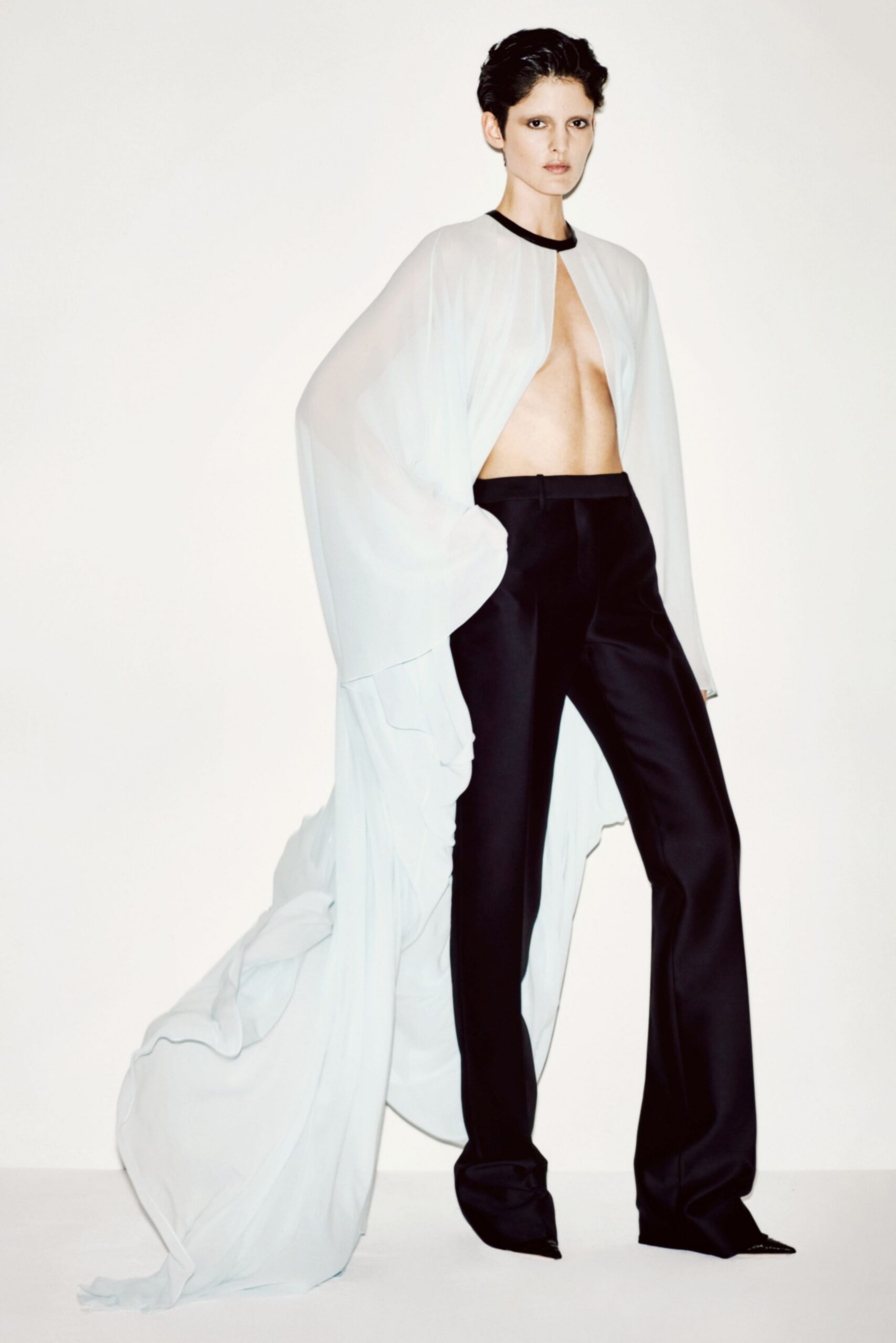 white chiffon long-sleeve high-neck fitted draped flowing gown