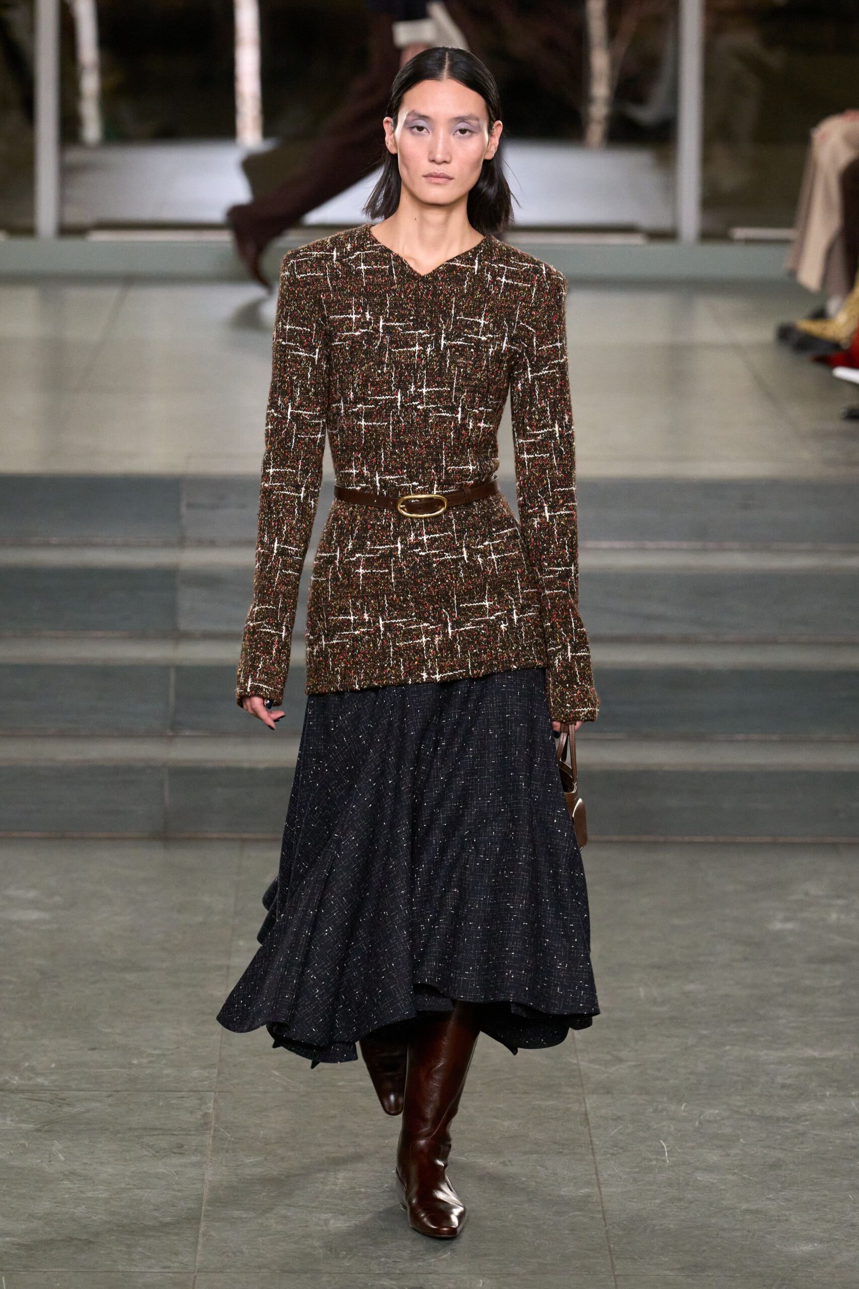 brown tweed long-sleeve v-neck fitted buttoned belted top