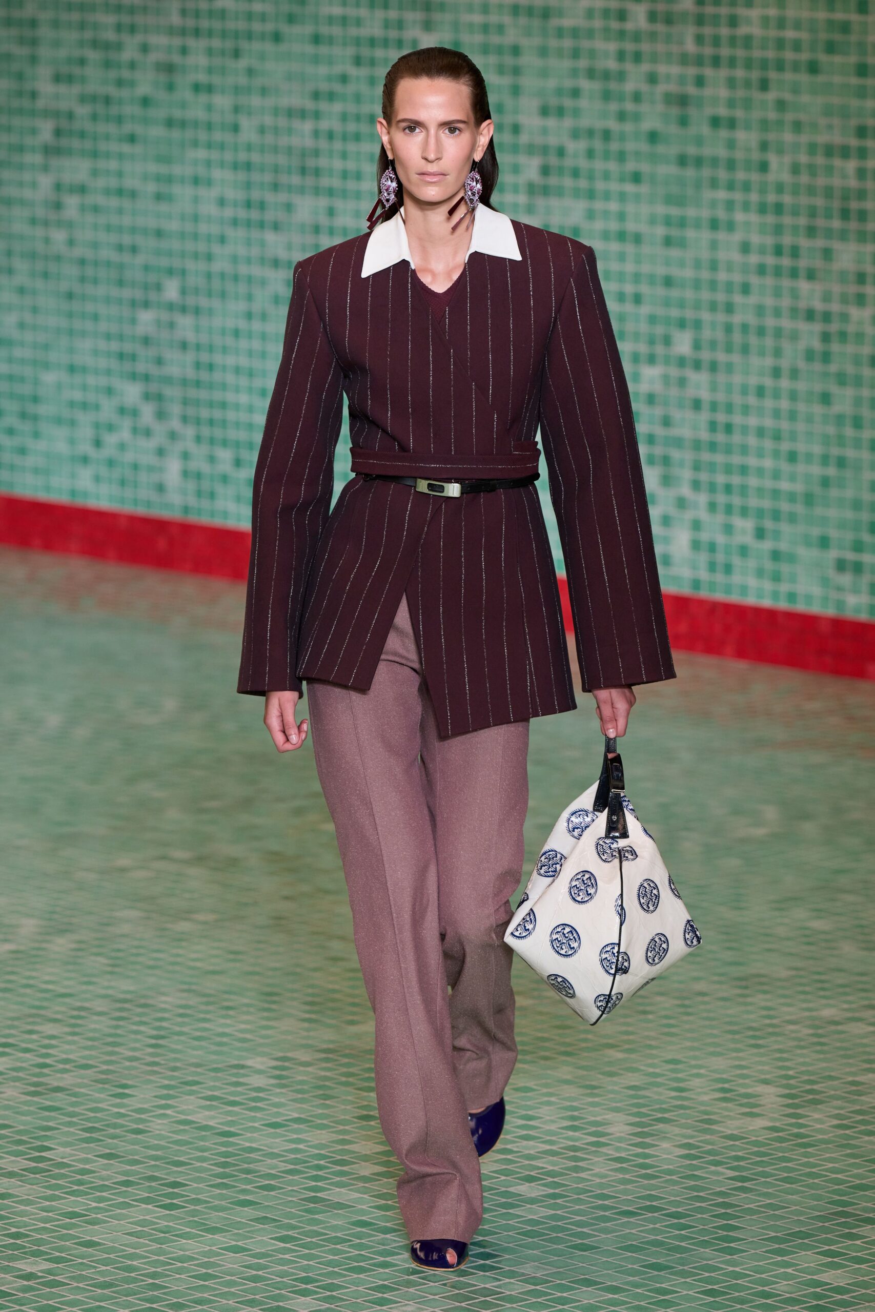red long-sleeve collared tailored striped belted blazer