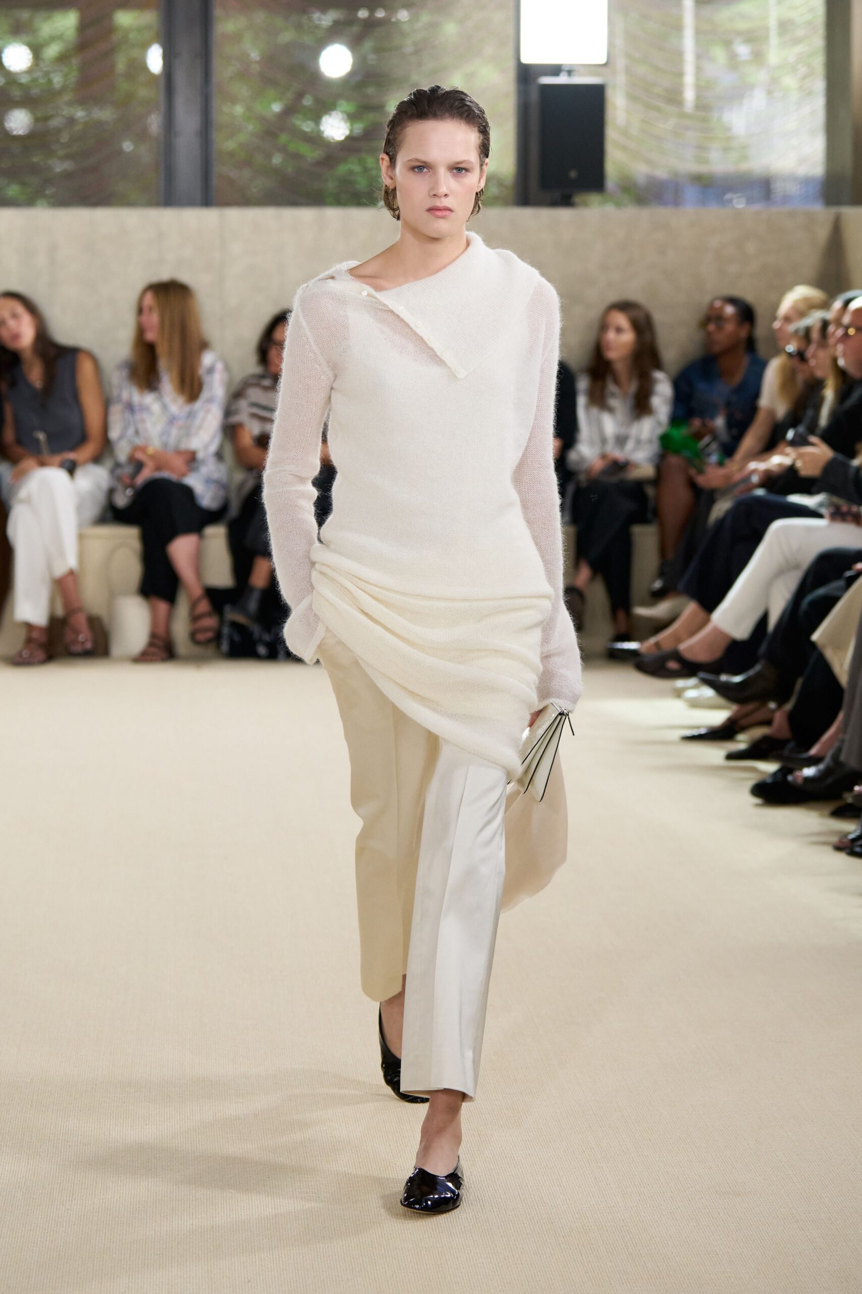 white wool long-sleeve asymmetric fitted draped top
