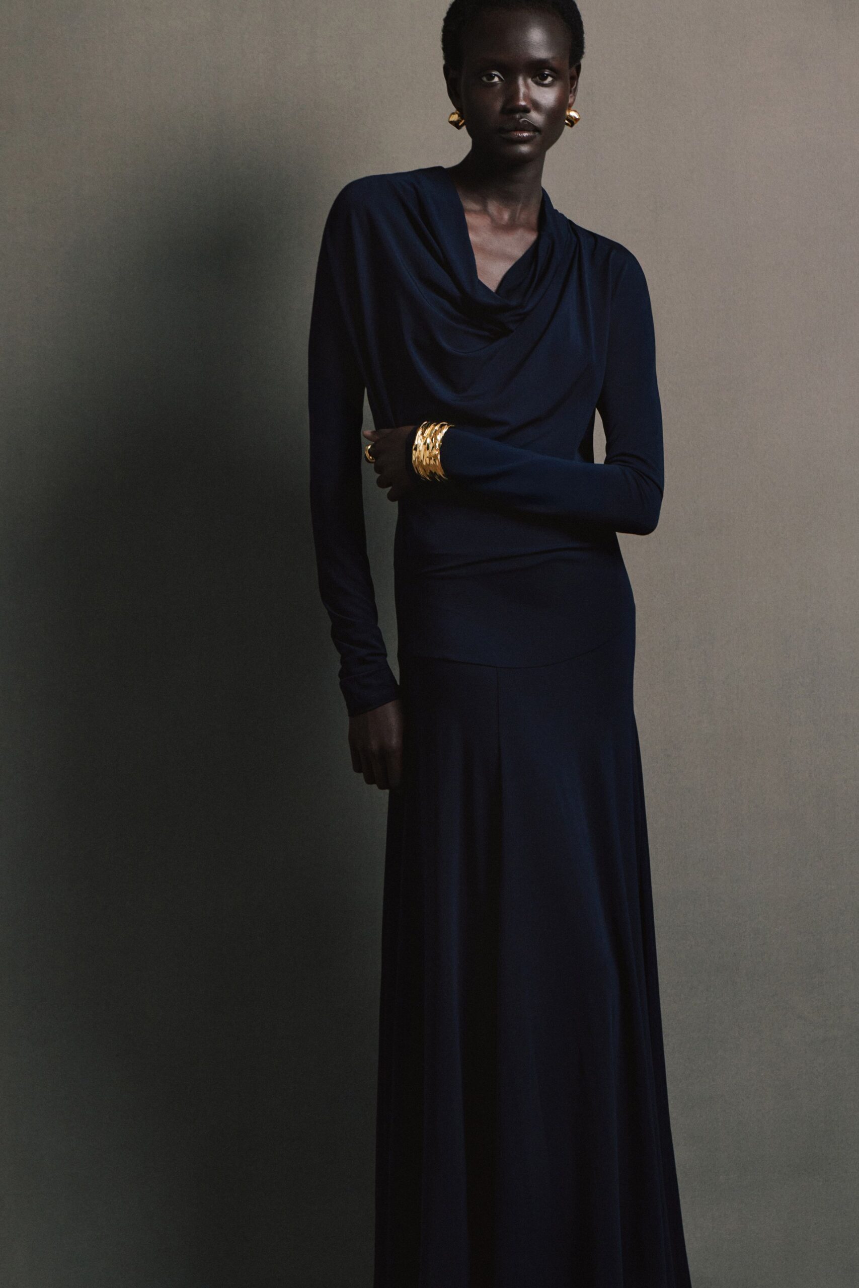 black silk long-sleeve gown