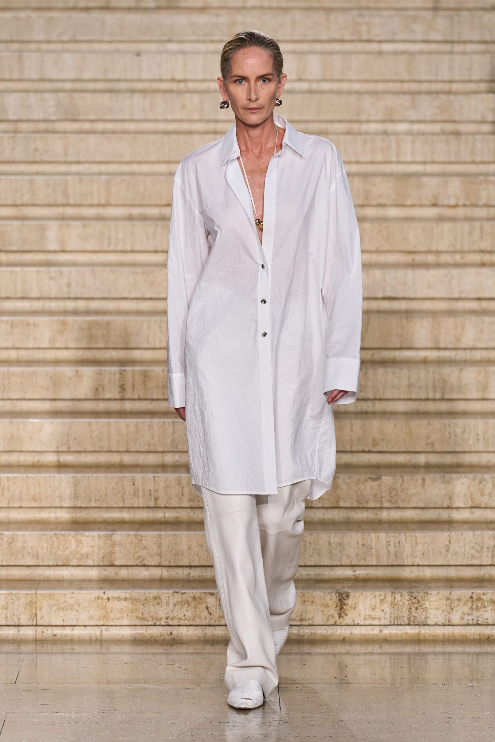 white cotton long-sleeve collared relaxed buttoned midi shirt-dress