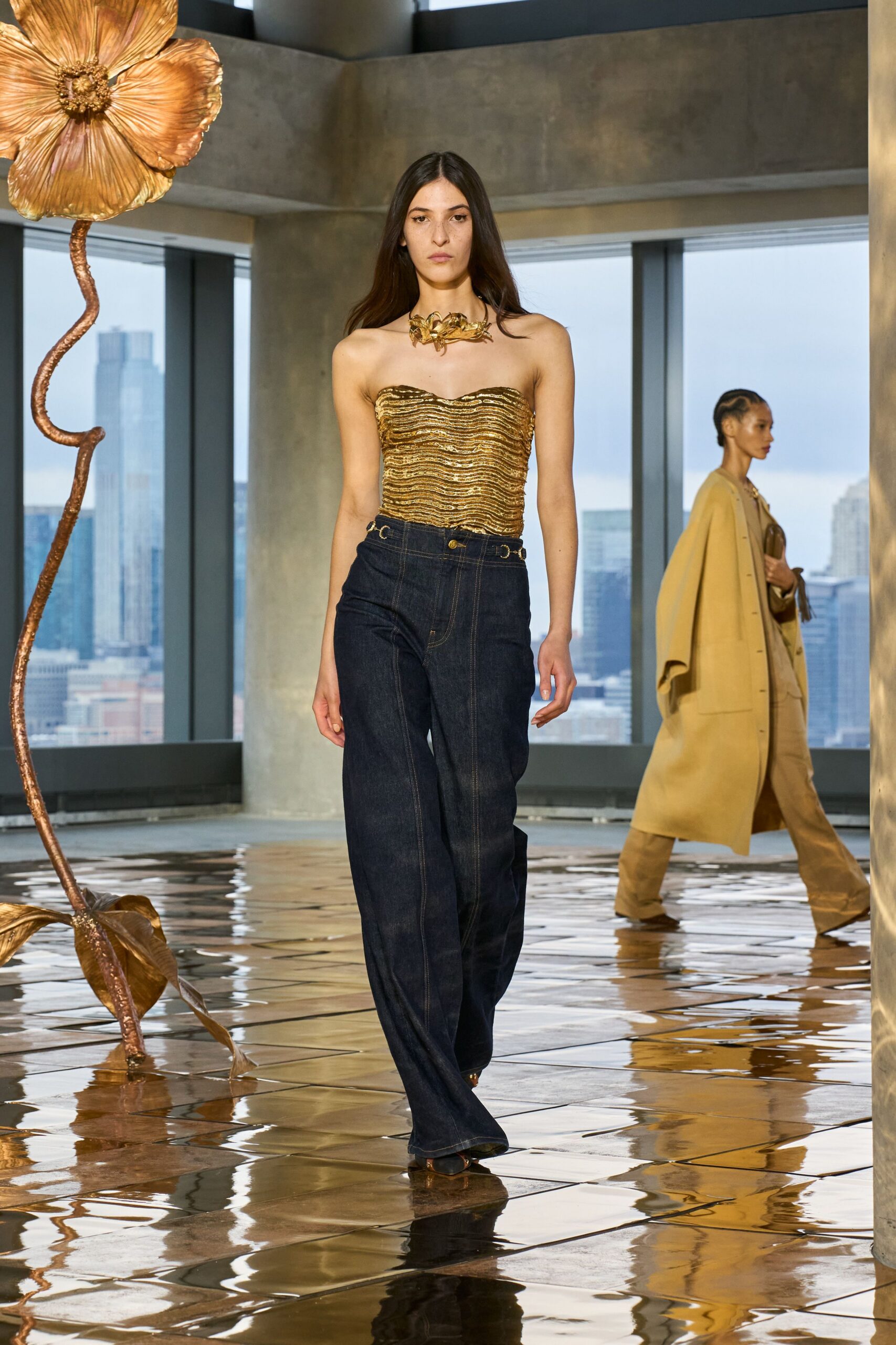 gold silk strapless fitted beaded corset