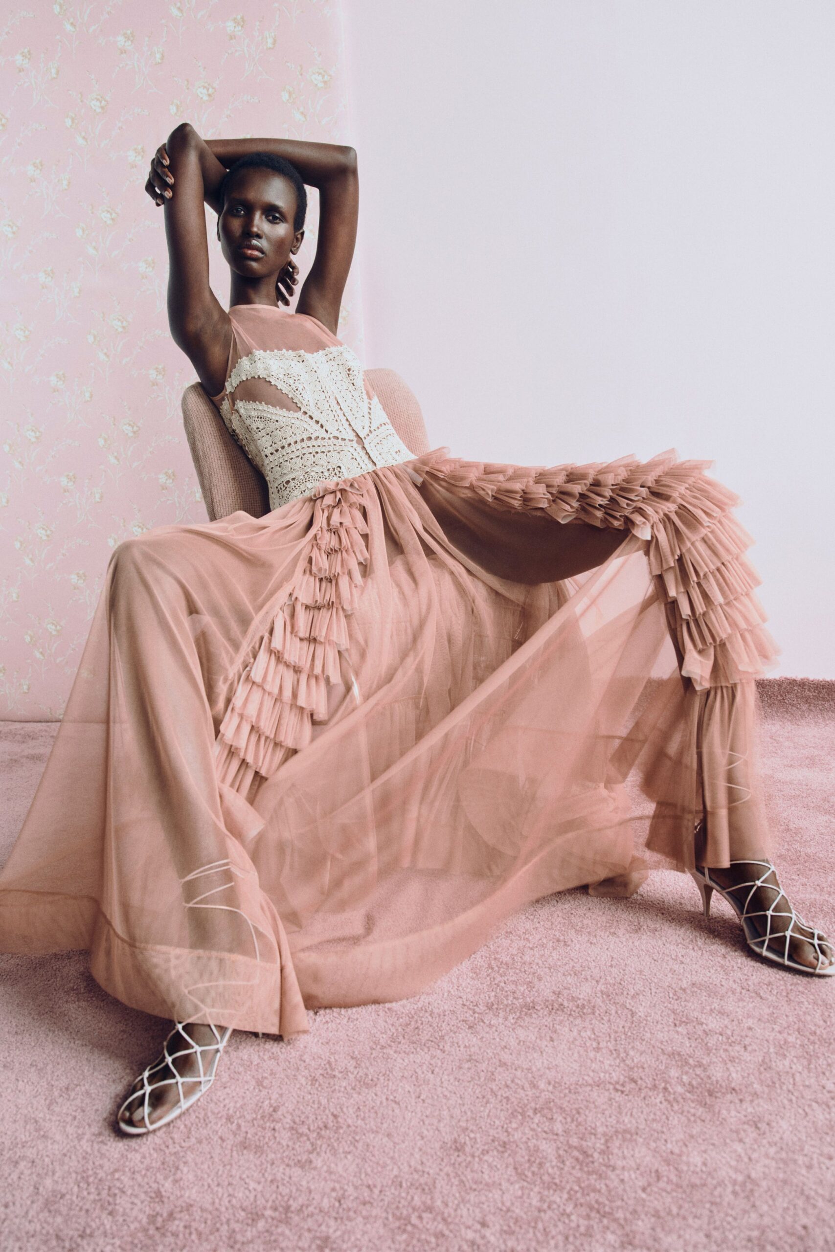 pink silk pleated gown with lace-up shoes