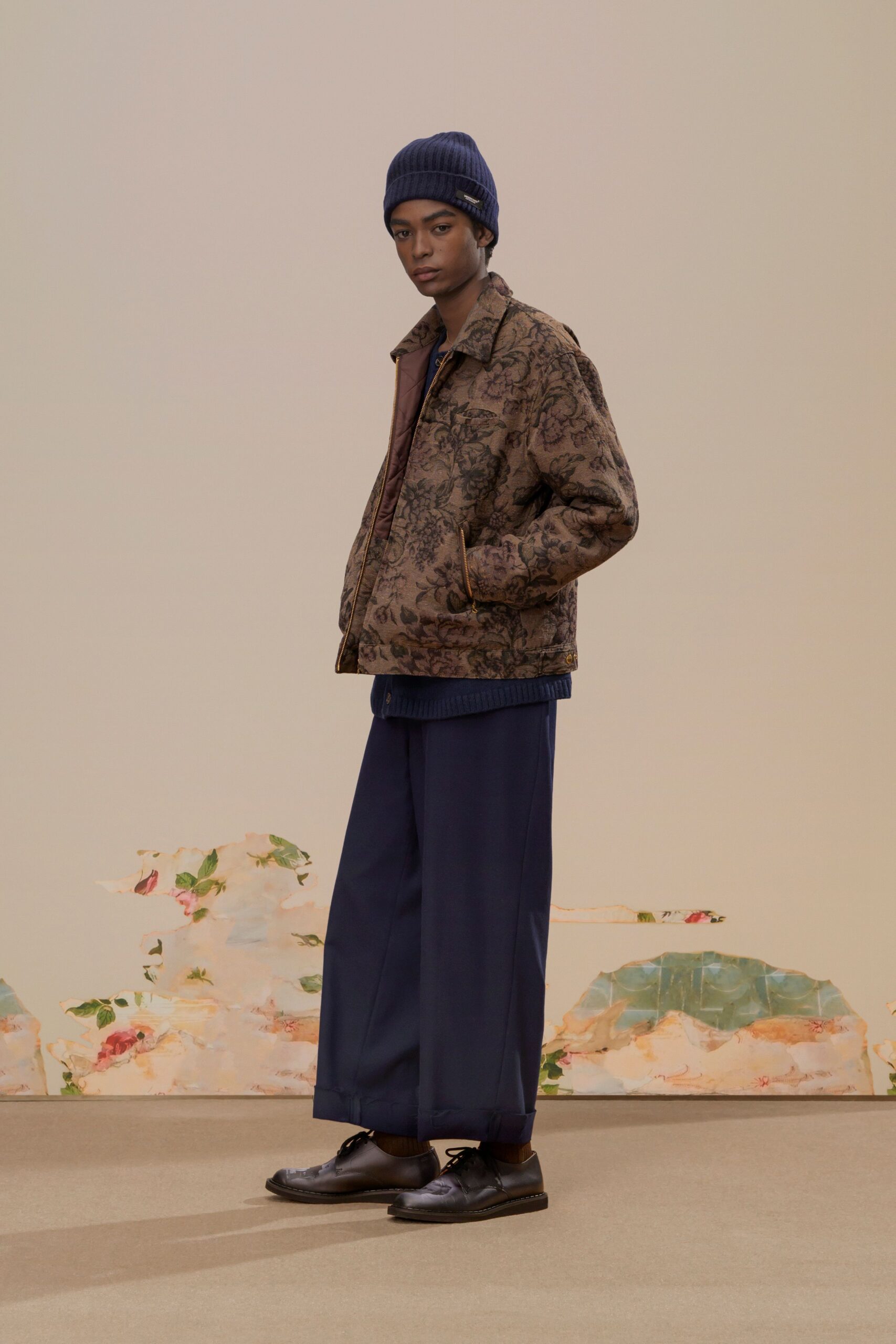 brown cotton long-sleeve collared relaxed printed jacket