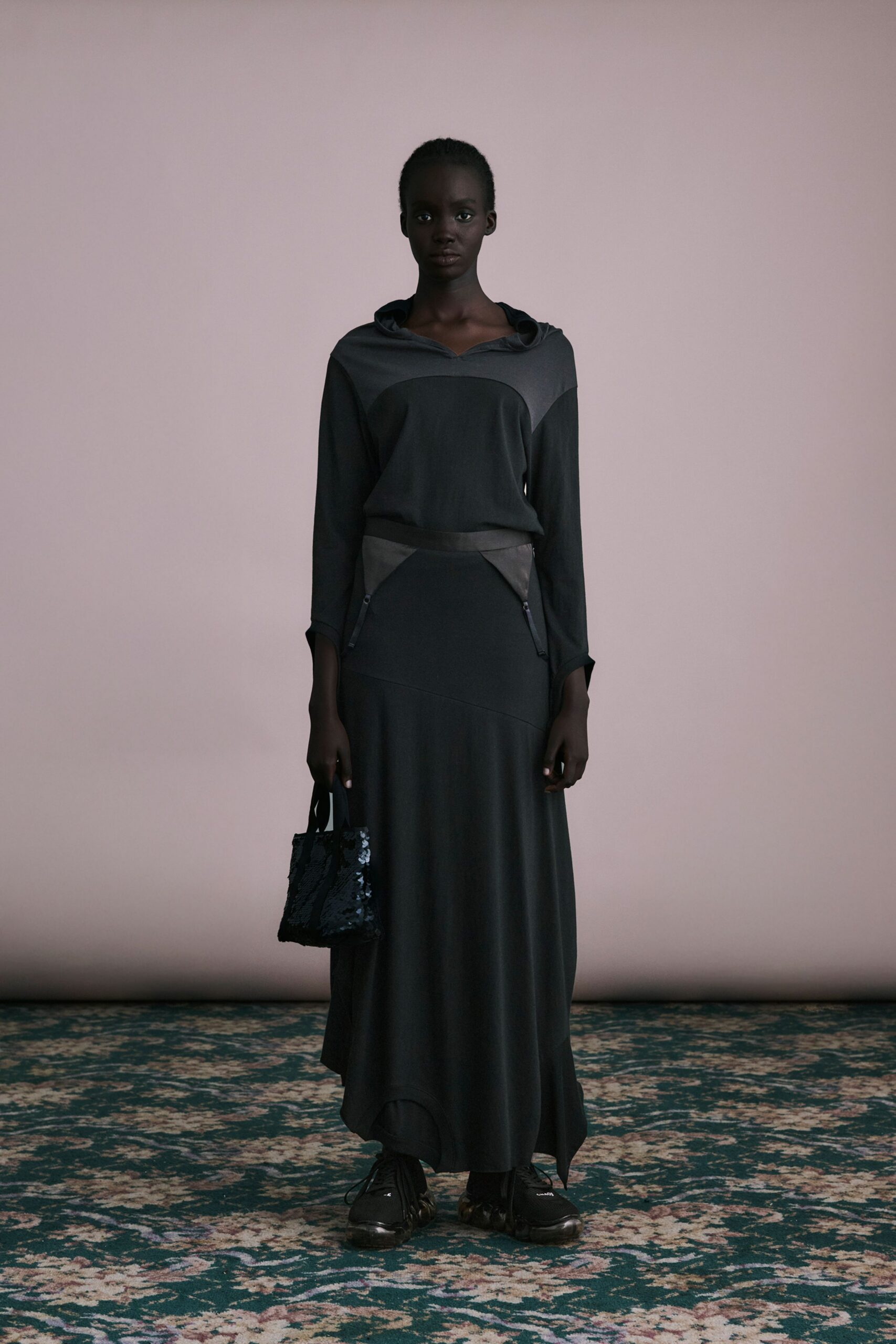 black hooded midi dress