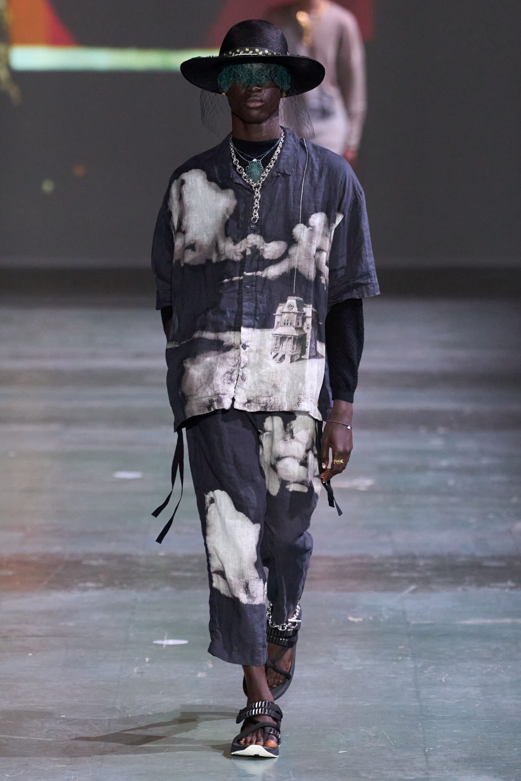 black and white printed shirt and pants