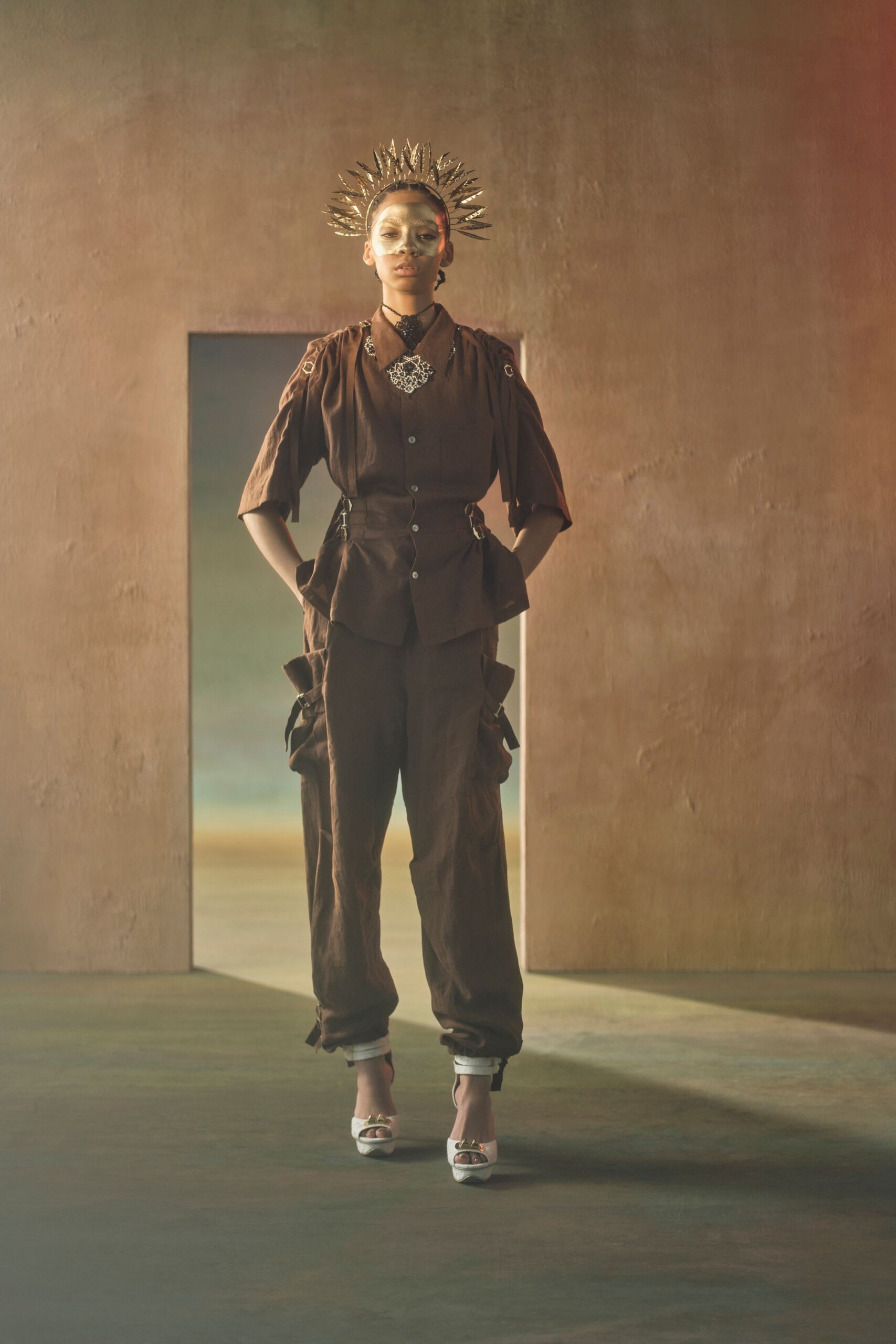 brown fitted top with cargo pants