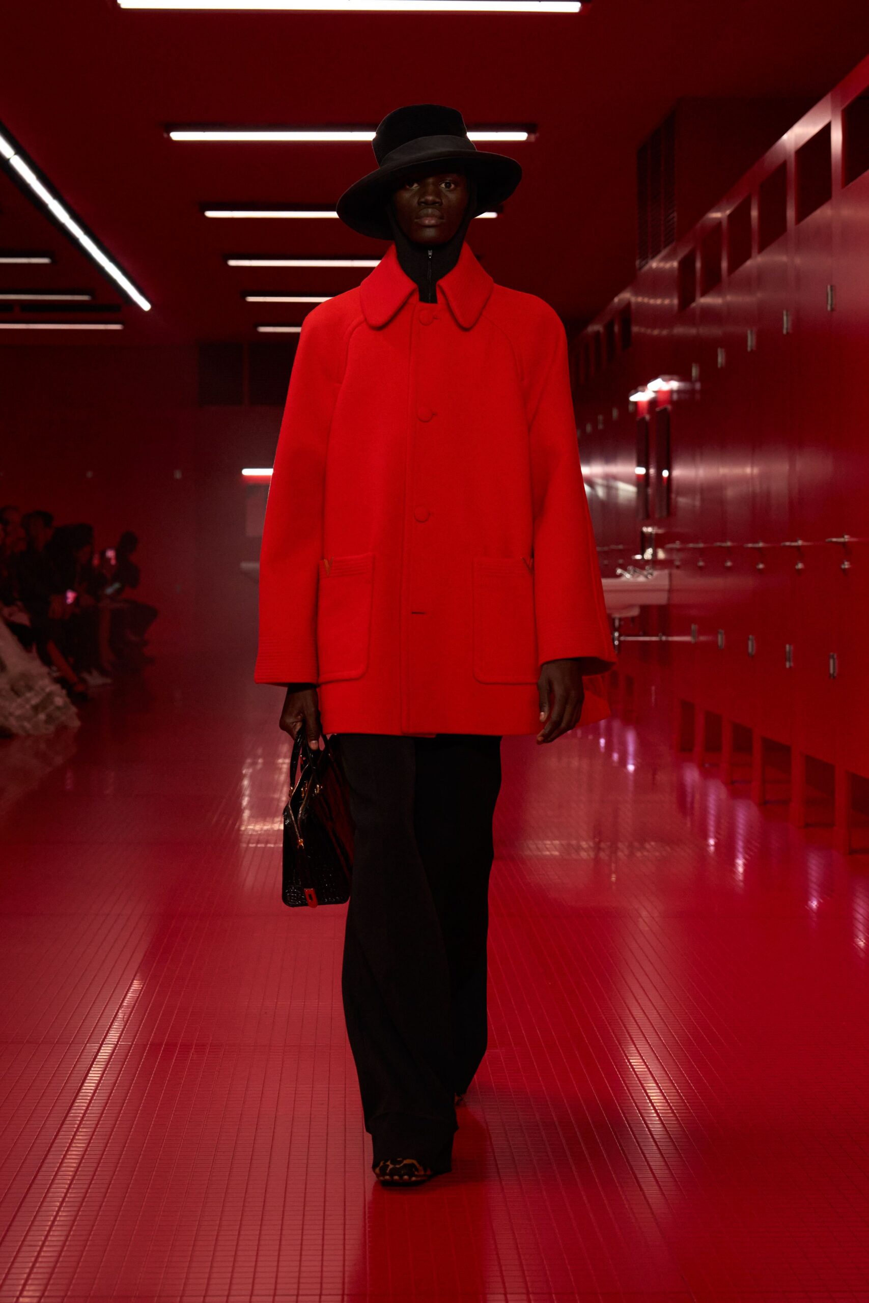 red wool long-sleeve collared relaxed coat