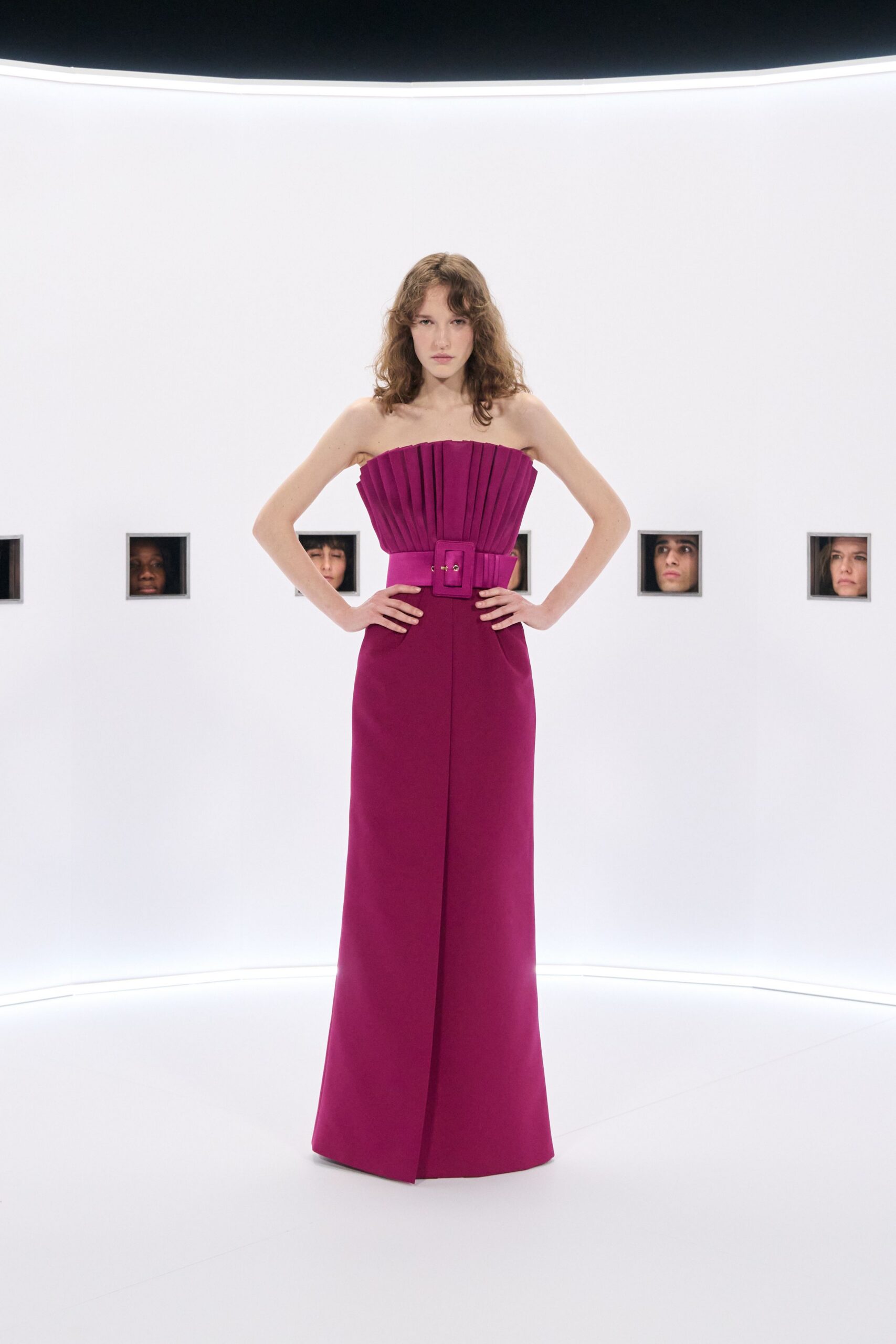 pink strapless pleated gown