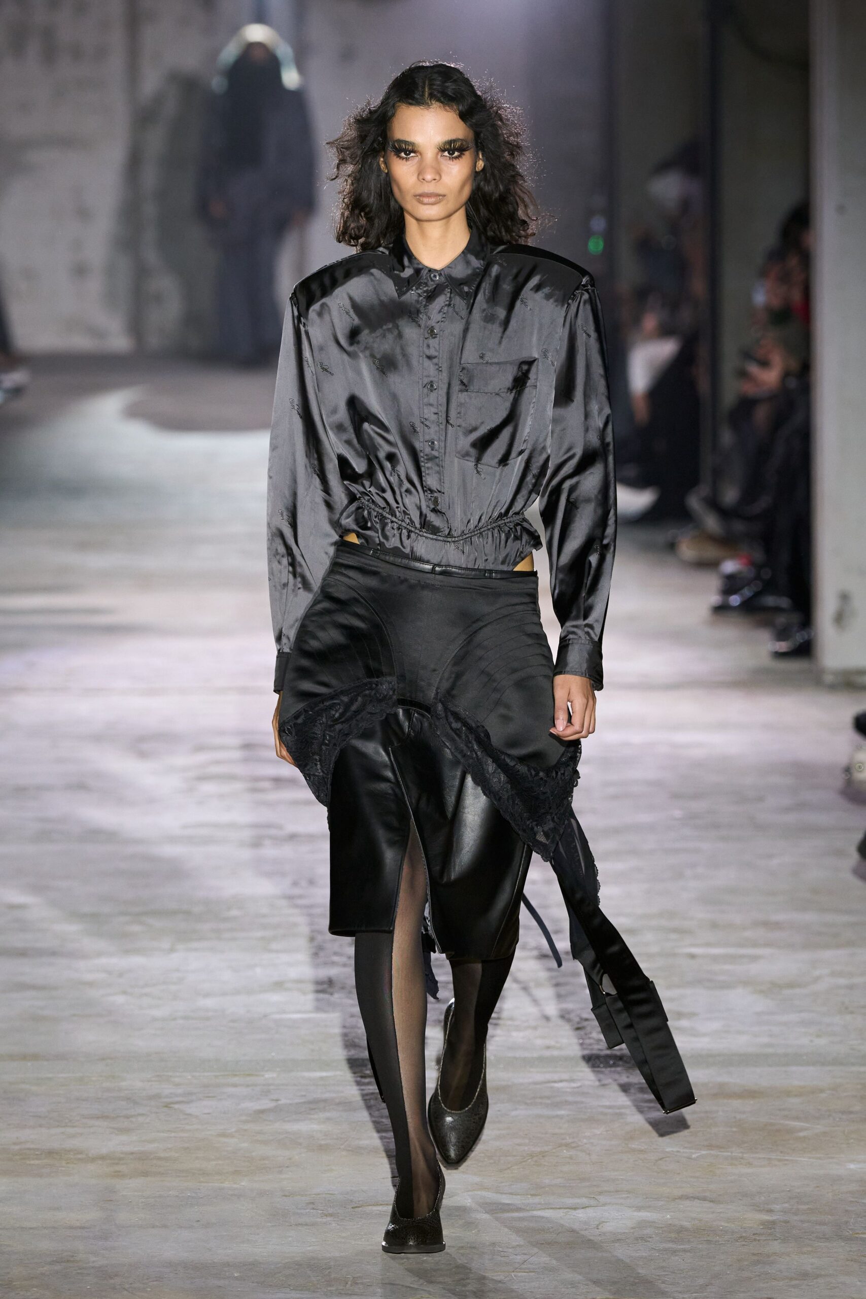 black silk shirt and skirt