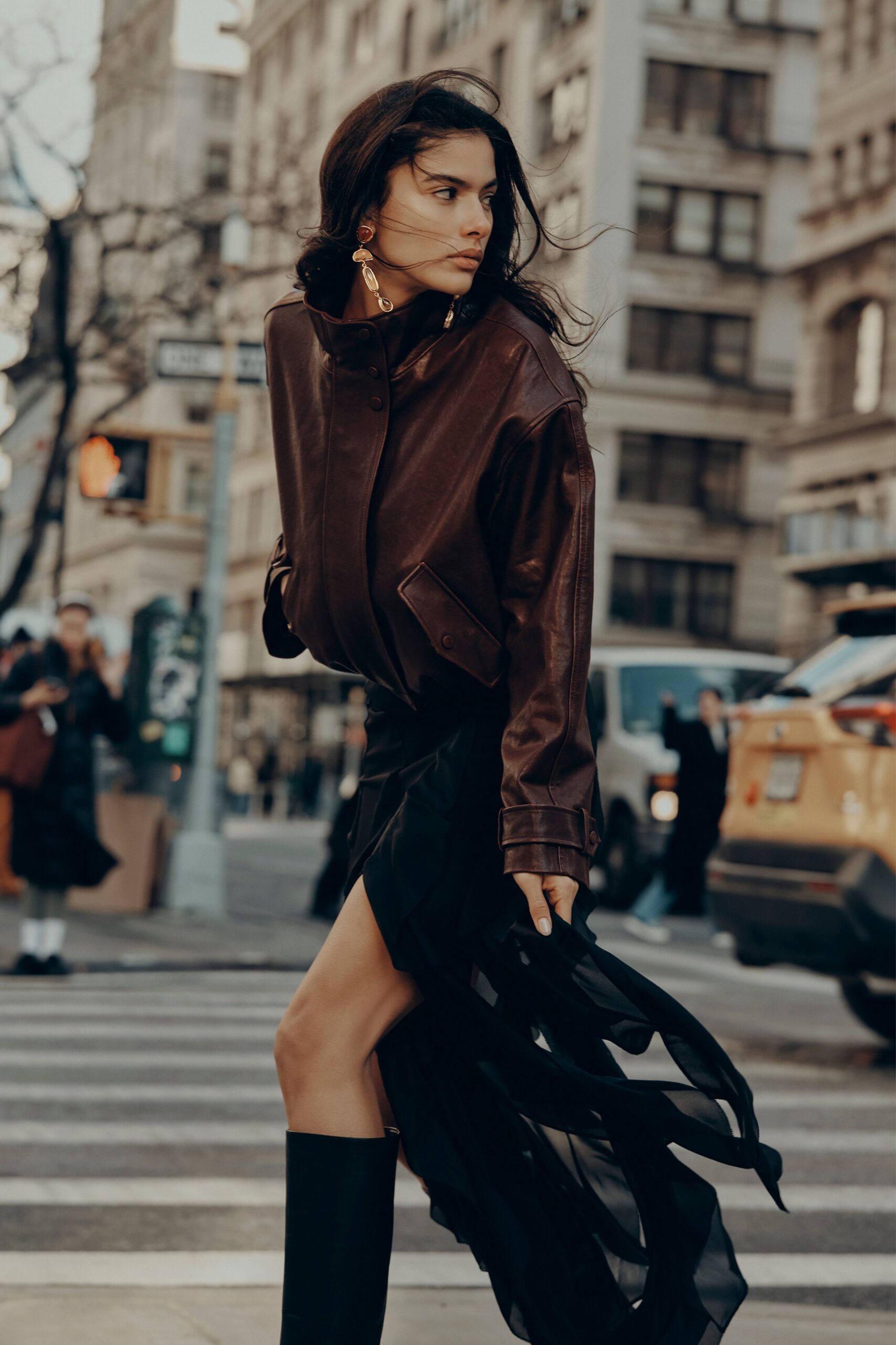 brown leather jacket black skirt