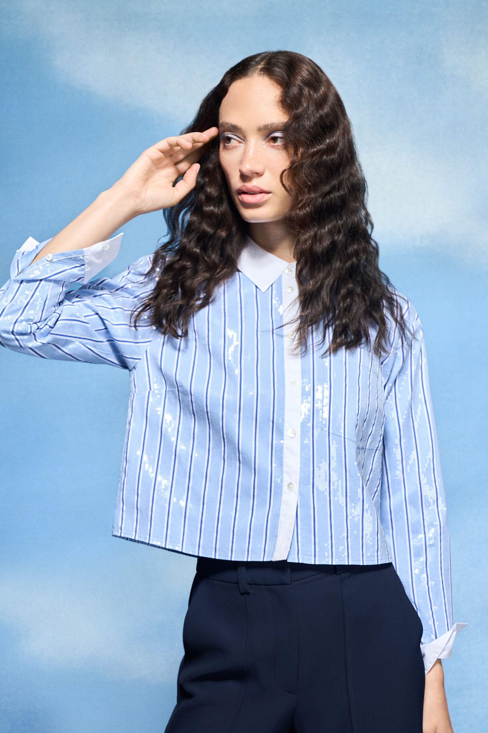 blue cotton long-sleeve collared relaxed striped shiny shirt