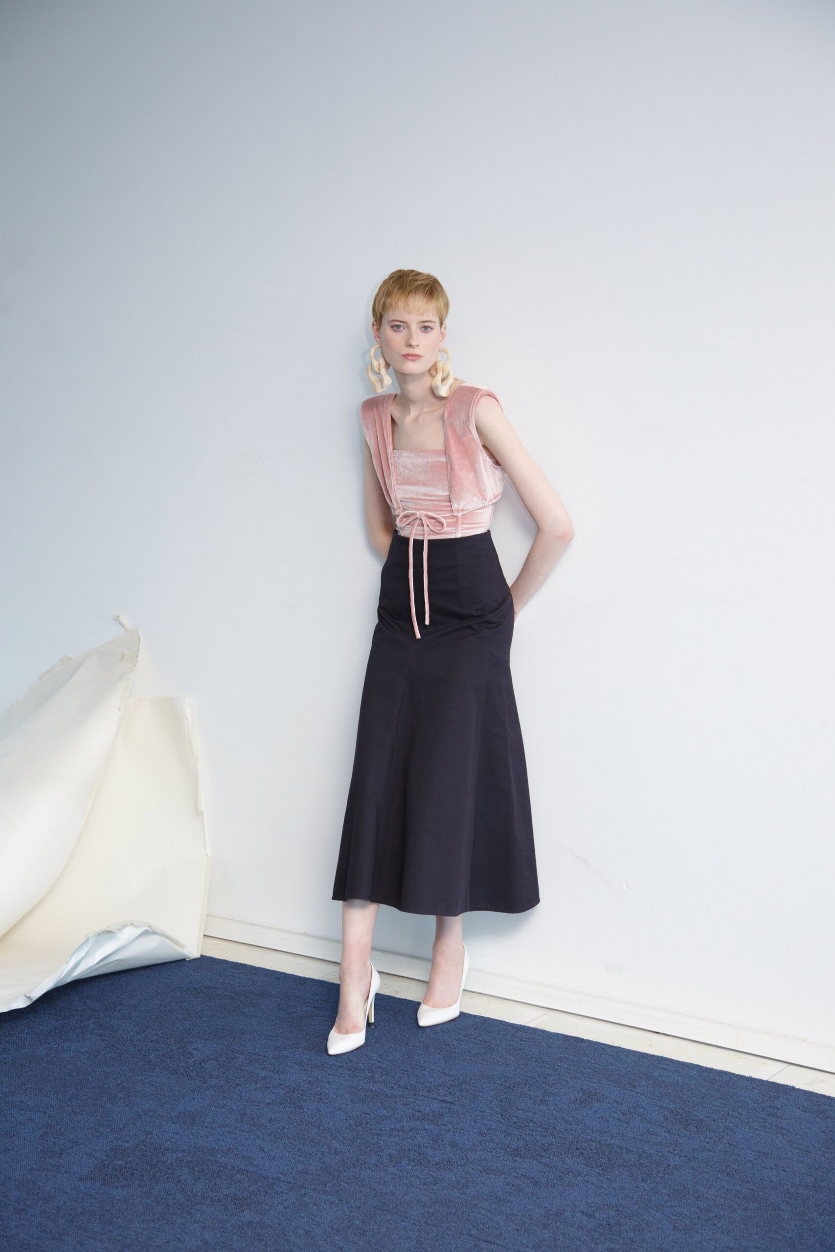 black cotton fitted a-line midi skirt