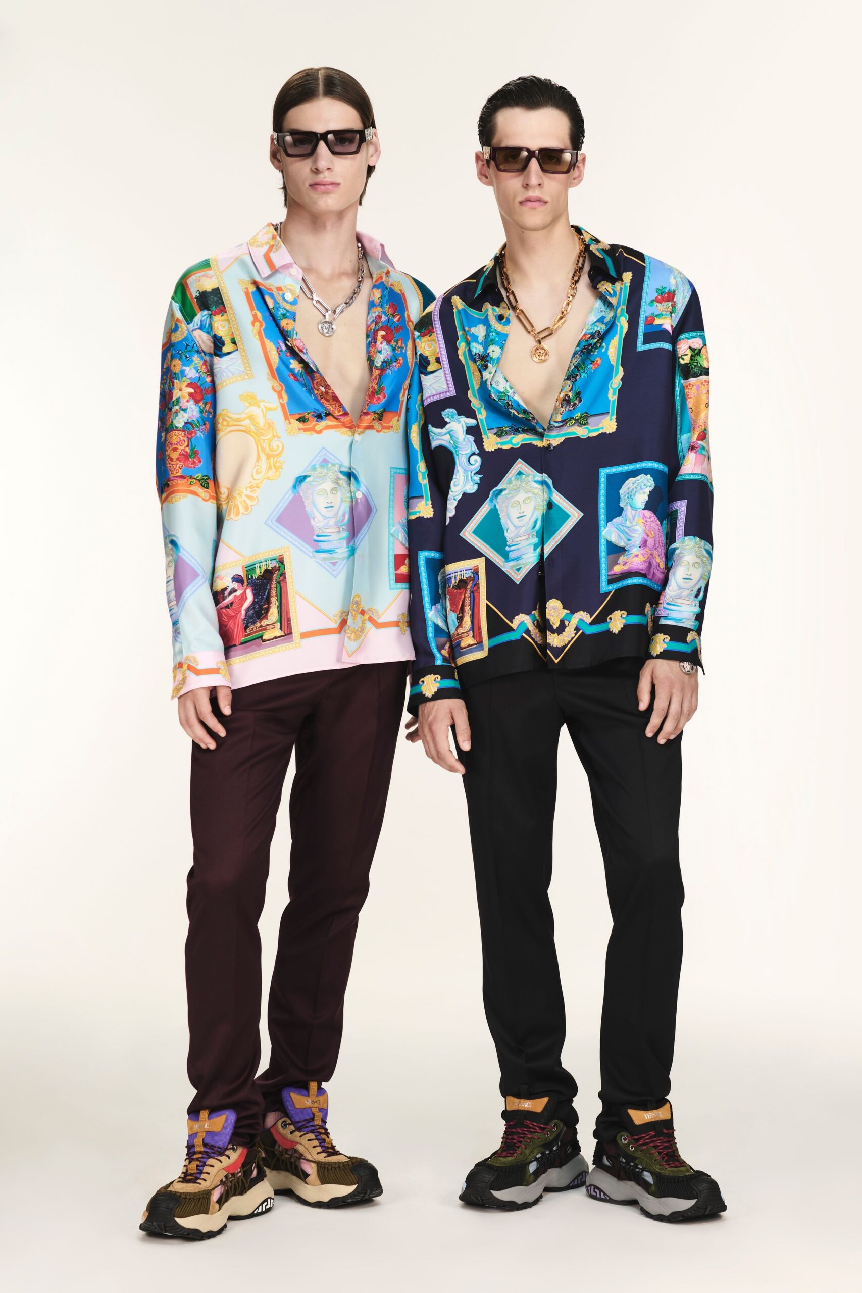multi-colored shirt with black pants