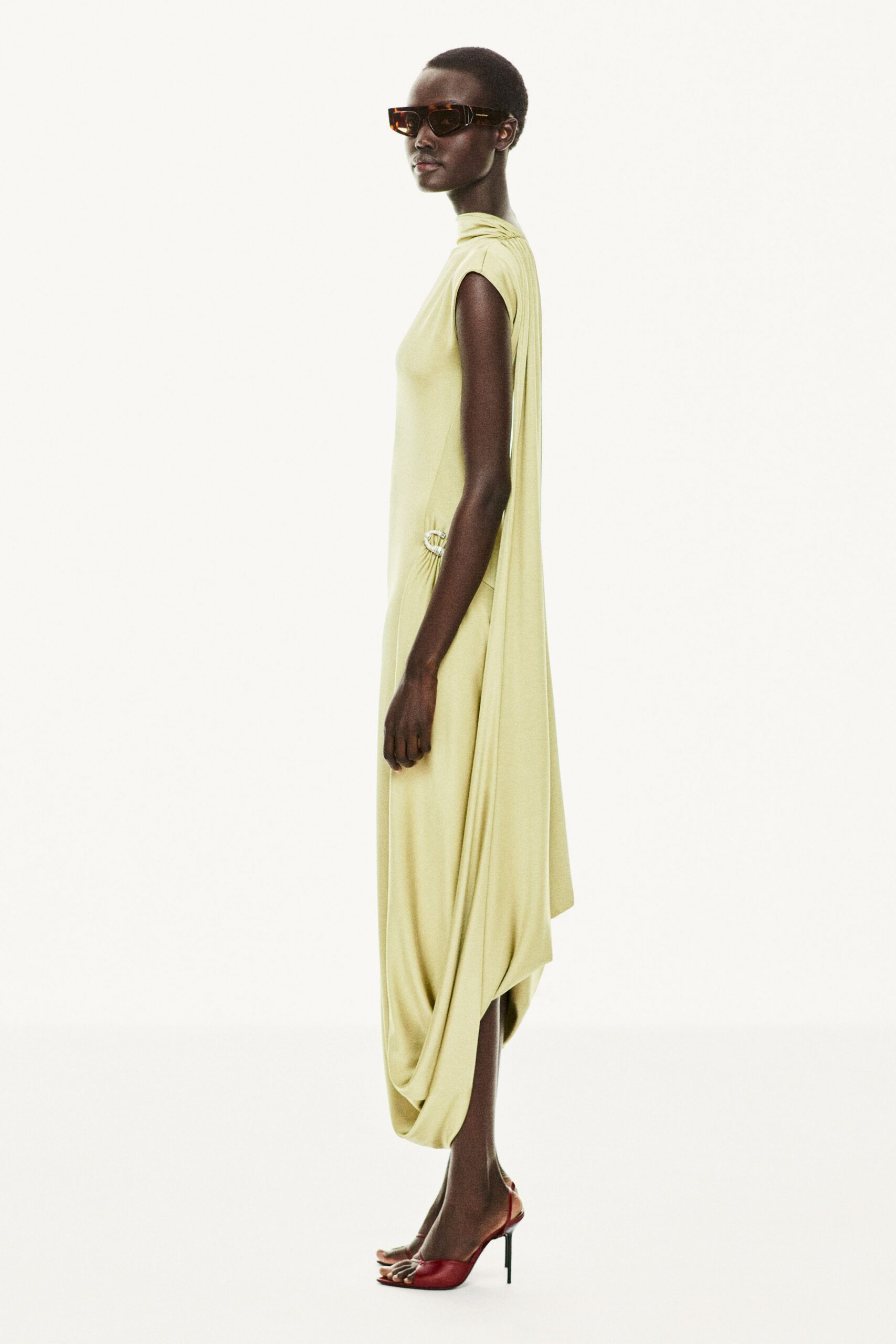 green silk sleeveless relaxed draped flowing maxi dress
